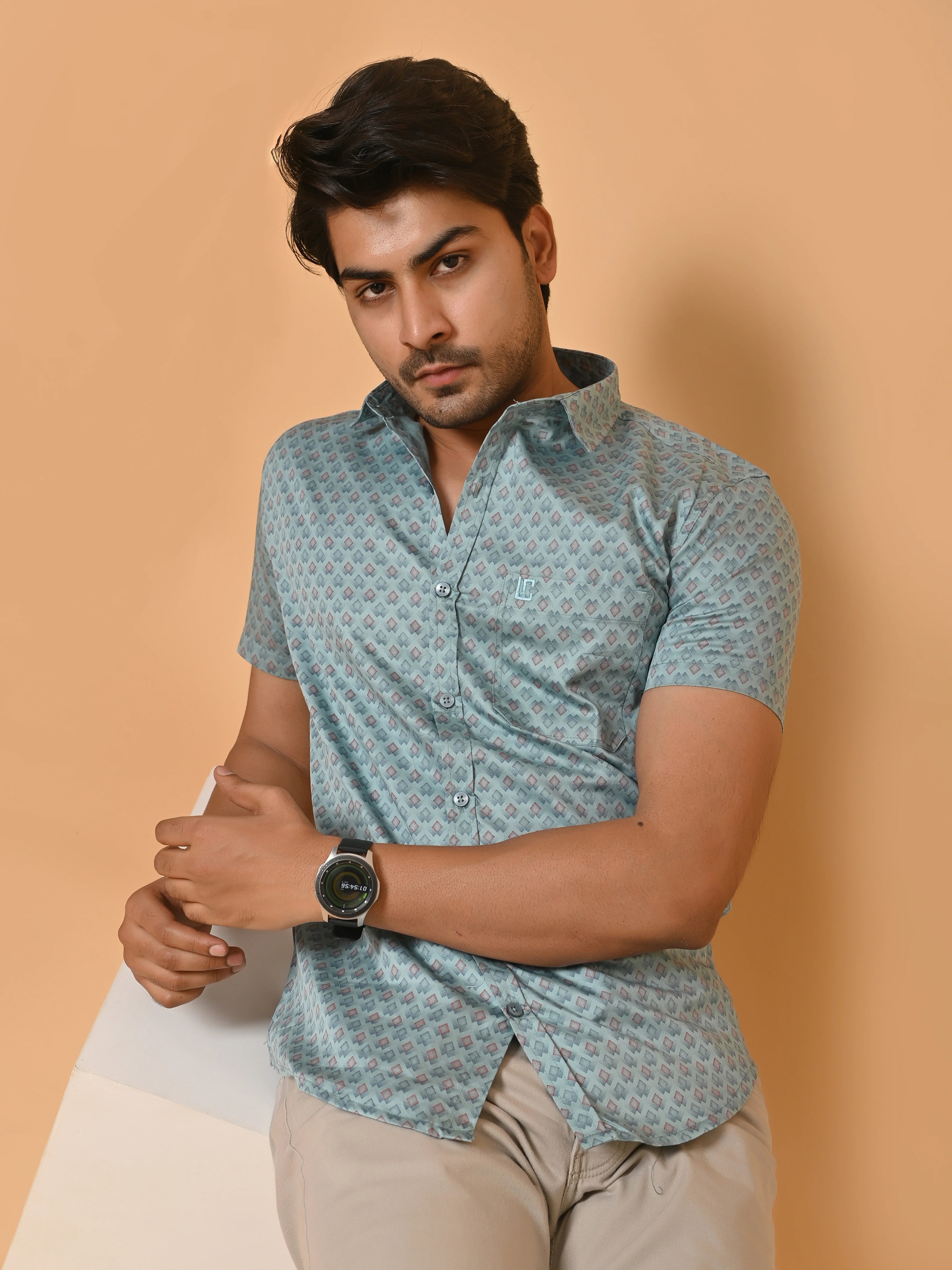 Men's Premium Satin Light Blue Half Sleeves Floral Checks Pattern Printed Shirt