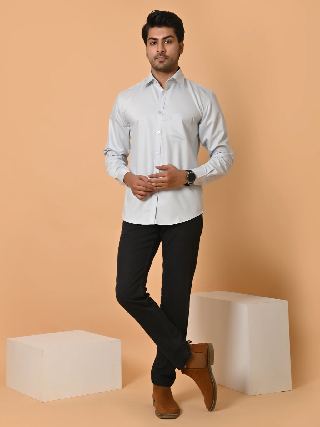 Men's Full Sleeves Plain Aqua Grey Giza Cotton Shirt