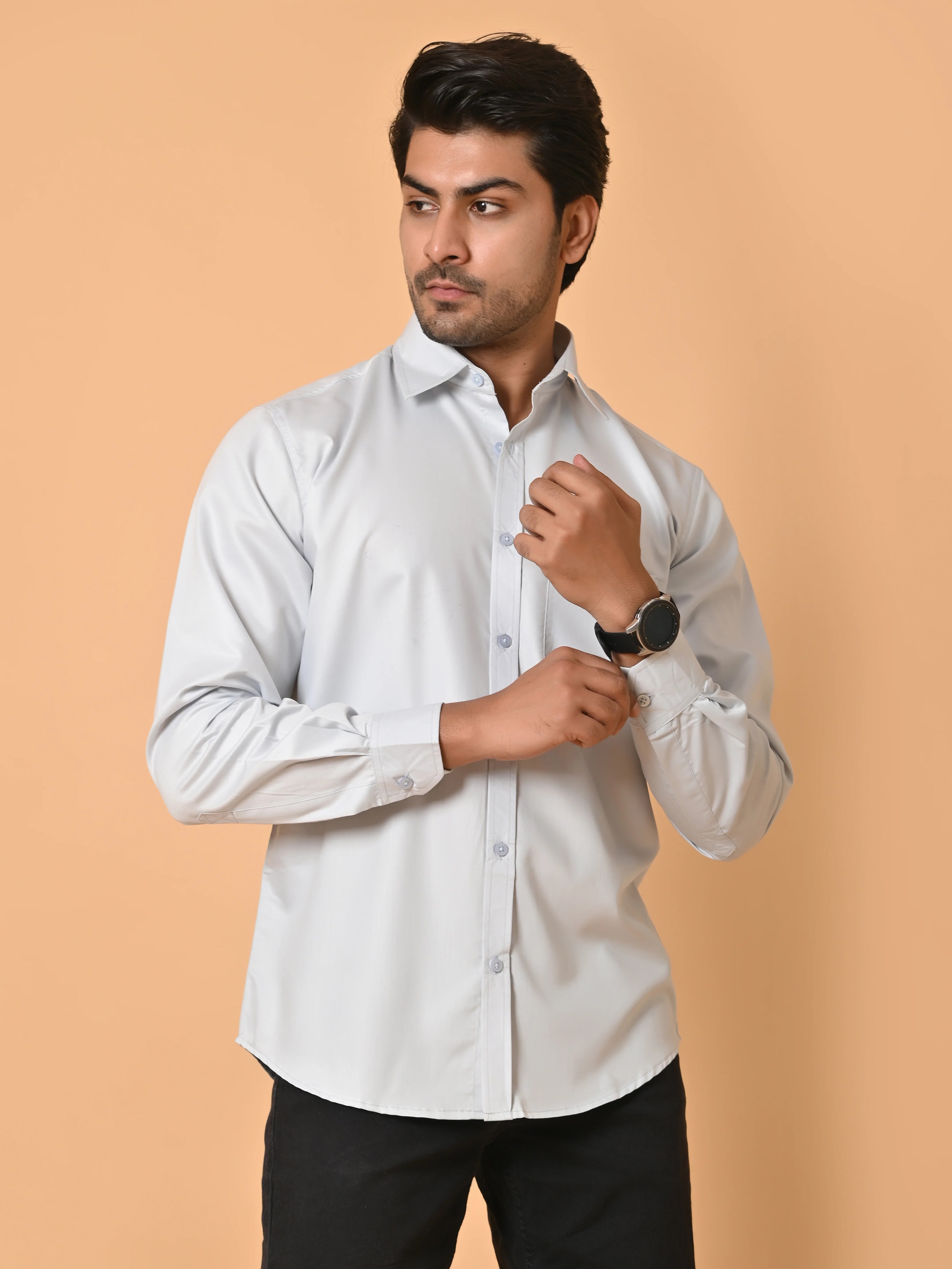 Men's Full Sleeves Plain Aqua Grey Giza Cotton Shirt