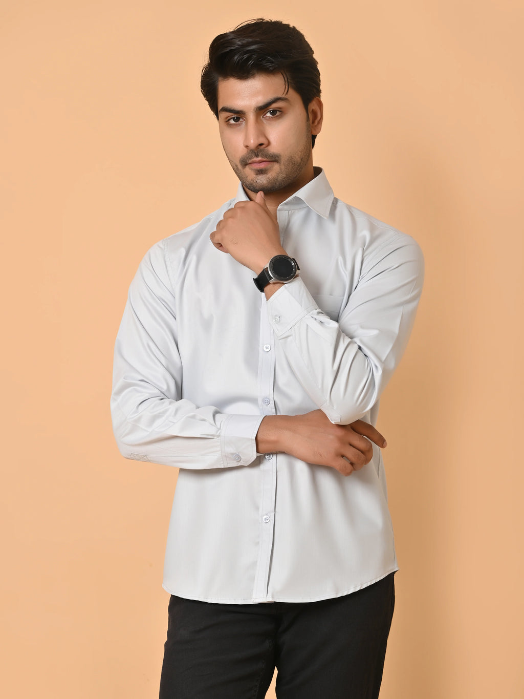 Men's Full Sleeves Plain Aqua Grey Giza Cotton Shirt