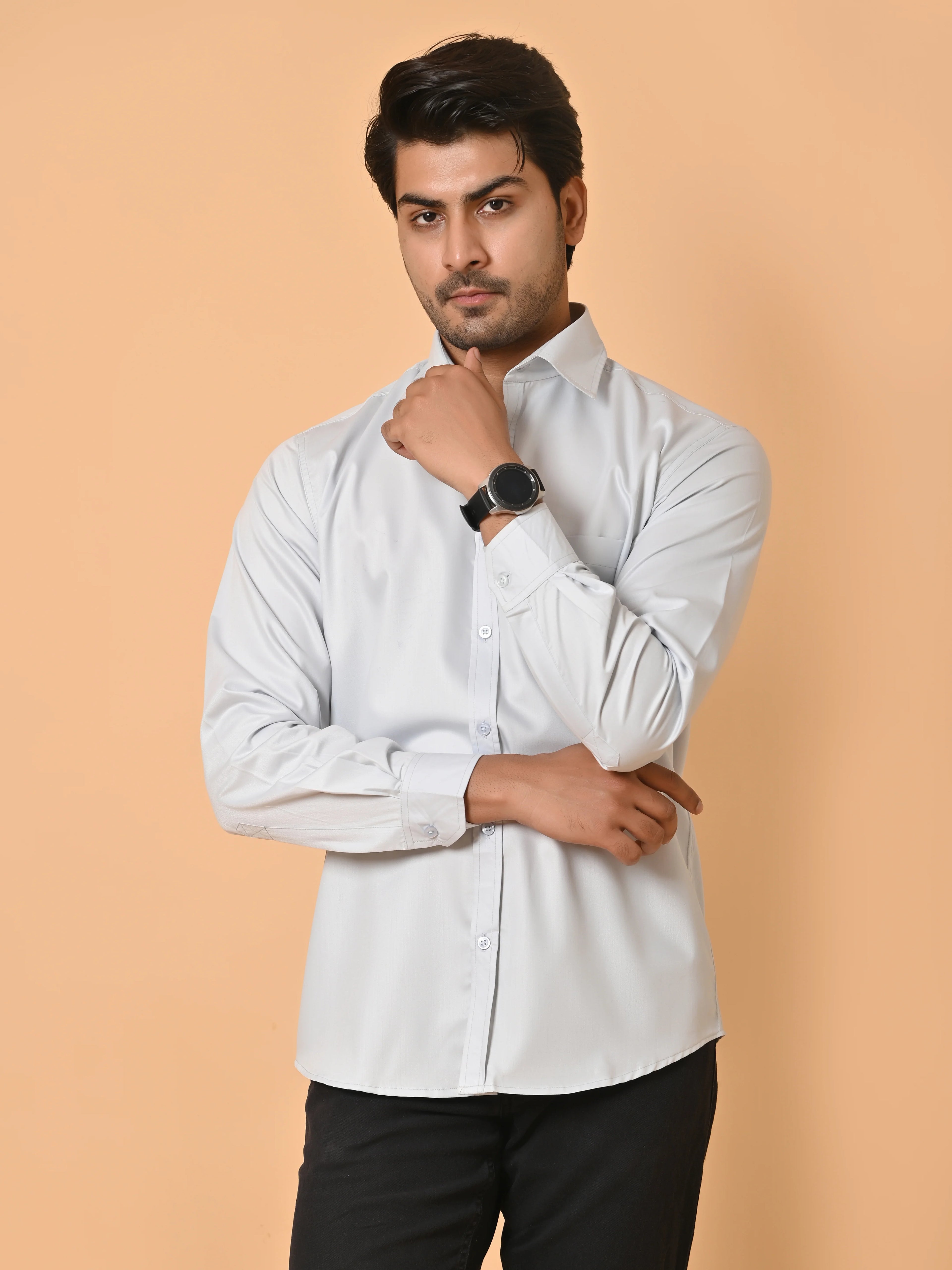 Men's Full Sleeves Plain Aqua Grey Giza Cotton Shirt
