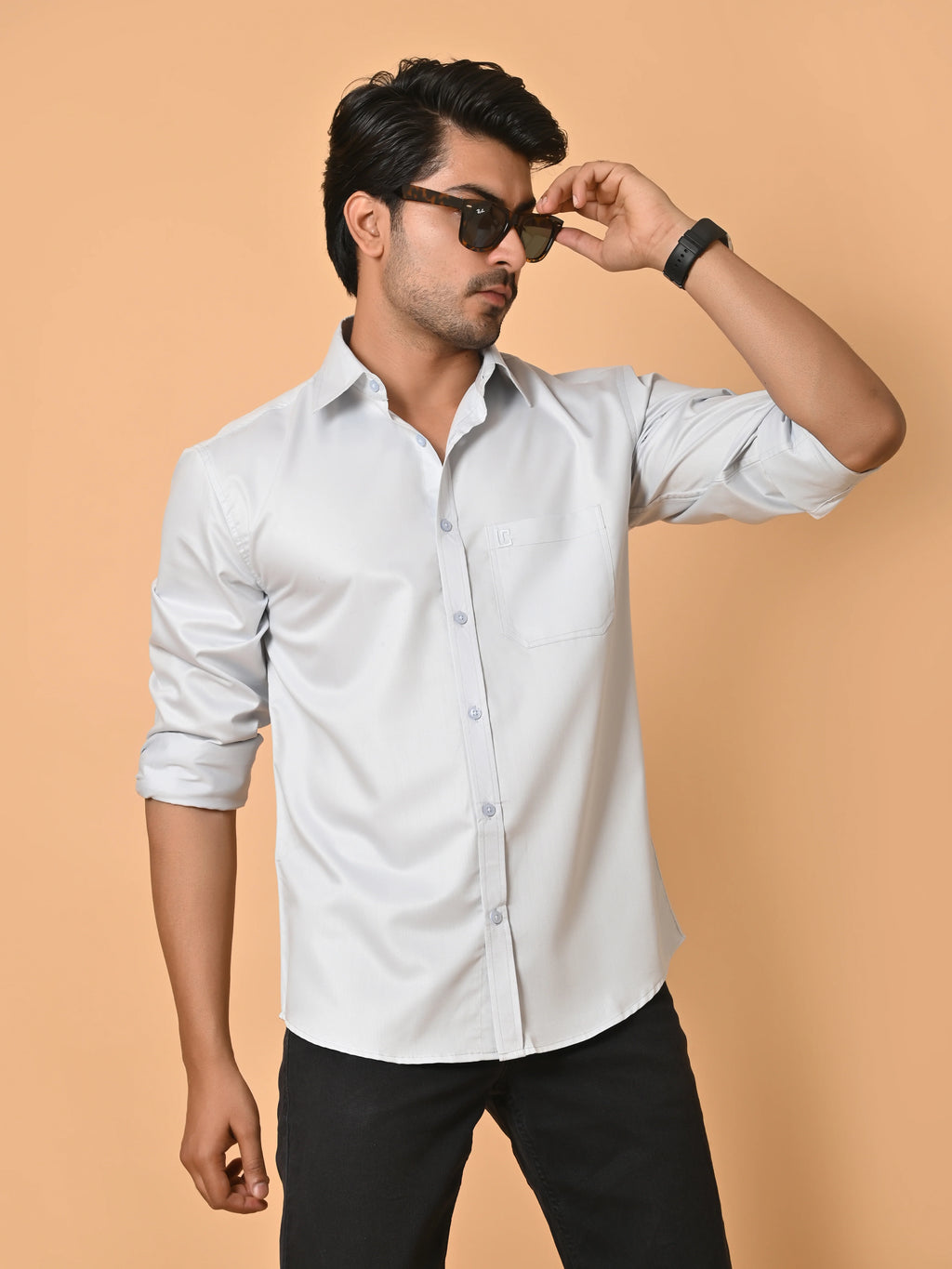 Men's Full Sleeves Plain Aqua Grey Giza Cotton Shirt