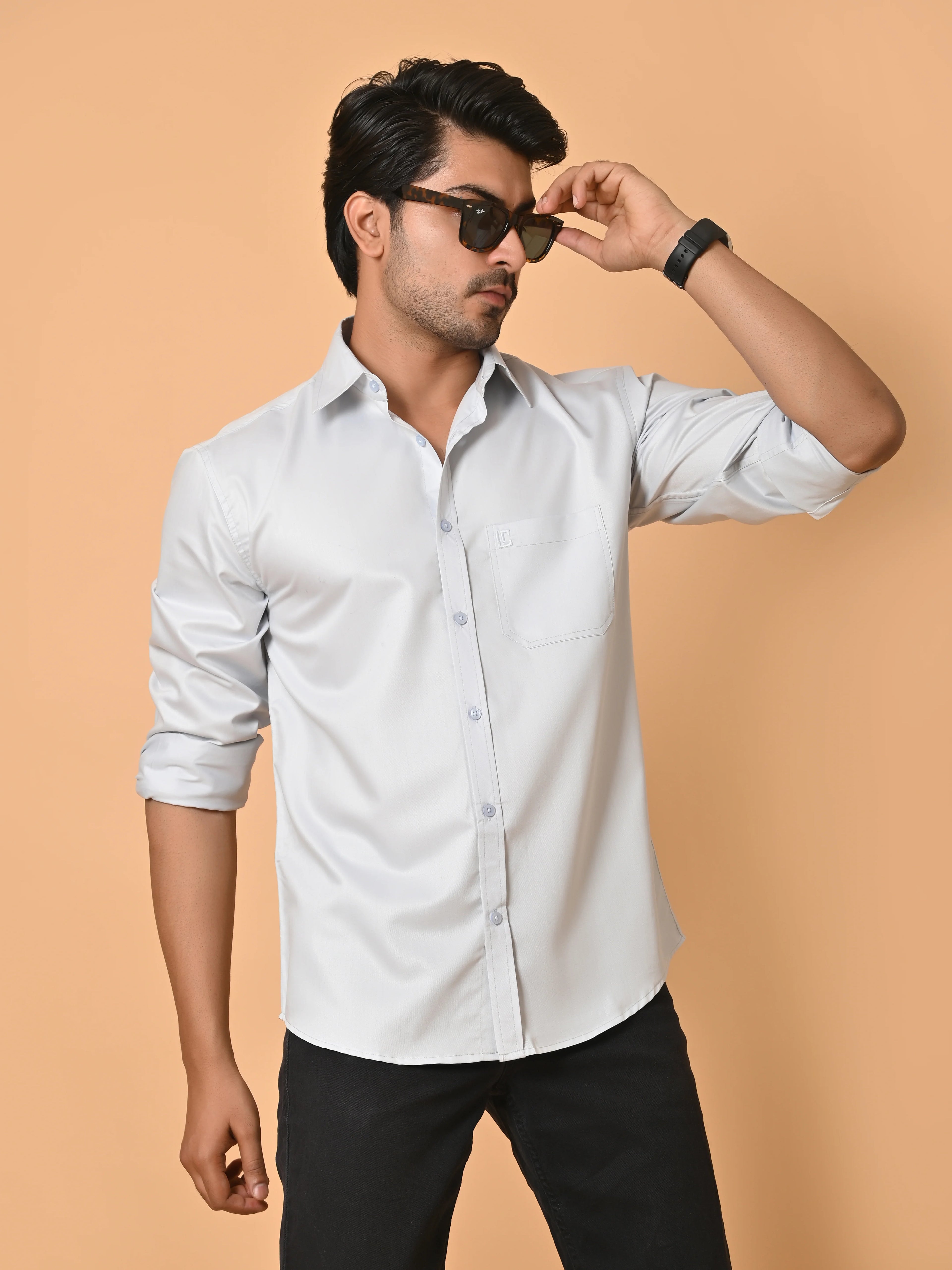 Men's Full Sleeves Plain Aqua Grey Giza Cotton Shirt