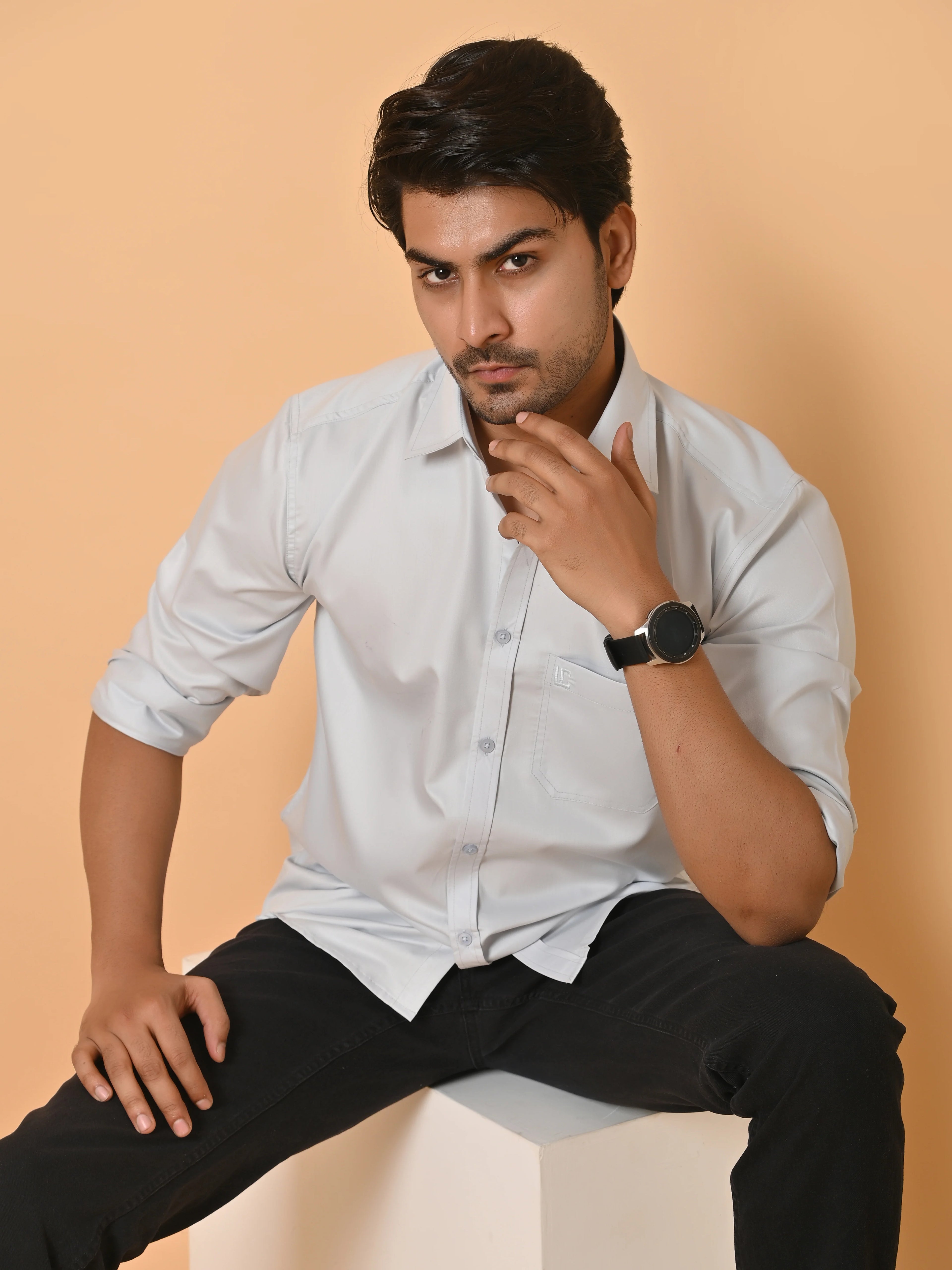 Men's Full Sleeves Plain Aqua Grey Giza Cotton Shirt