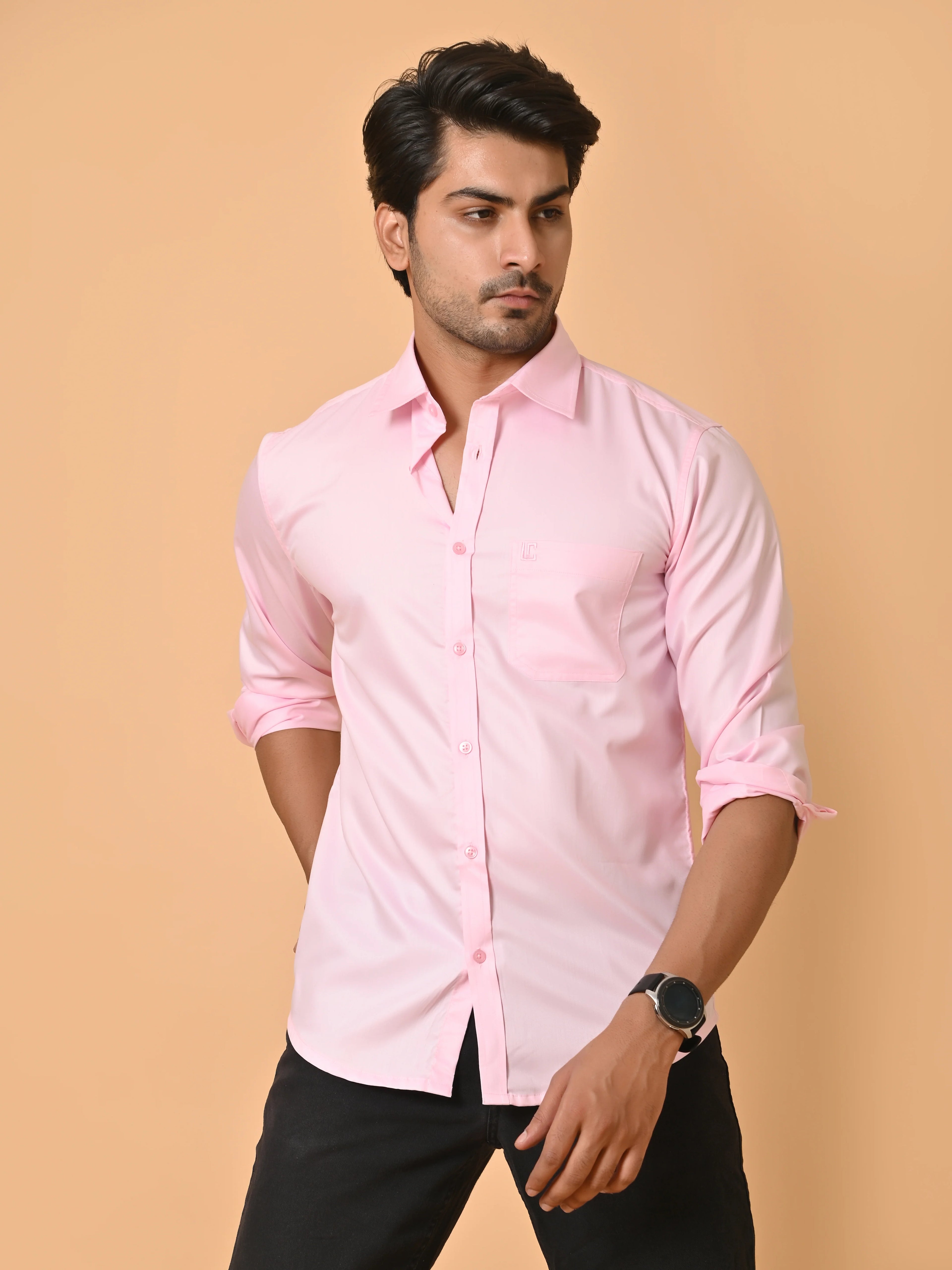 Men's Full Sleeves Plain Light Pink Giza Cotton Shirt