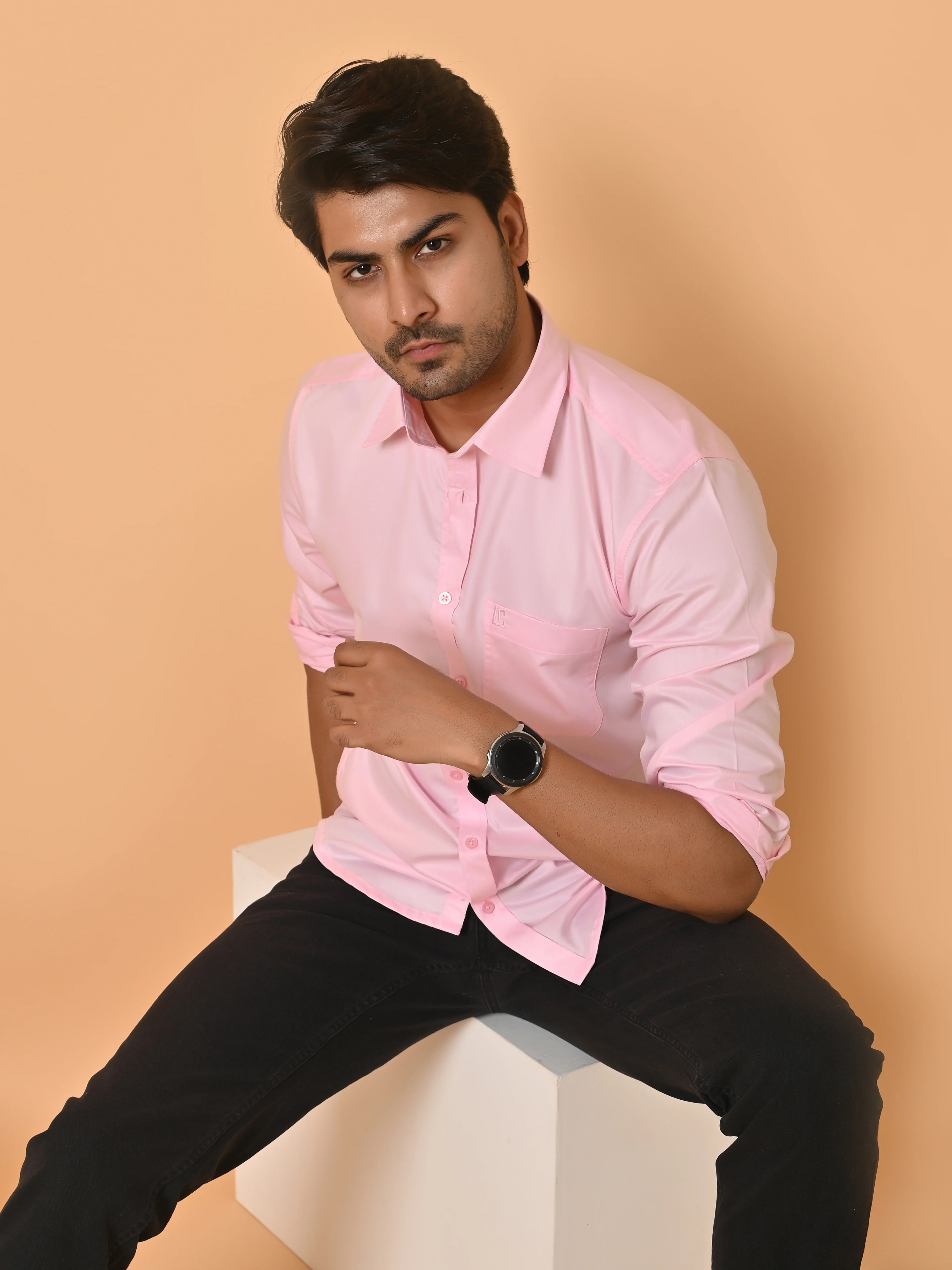 Men's Full Sleeves Plain Light Pink Giza Cotton Shirt