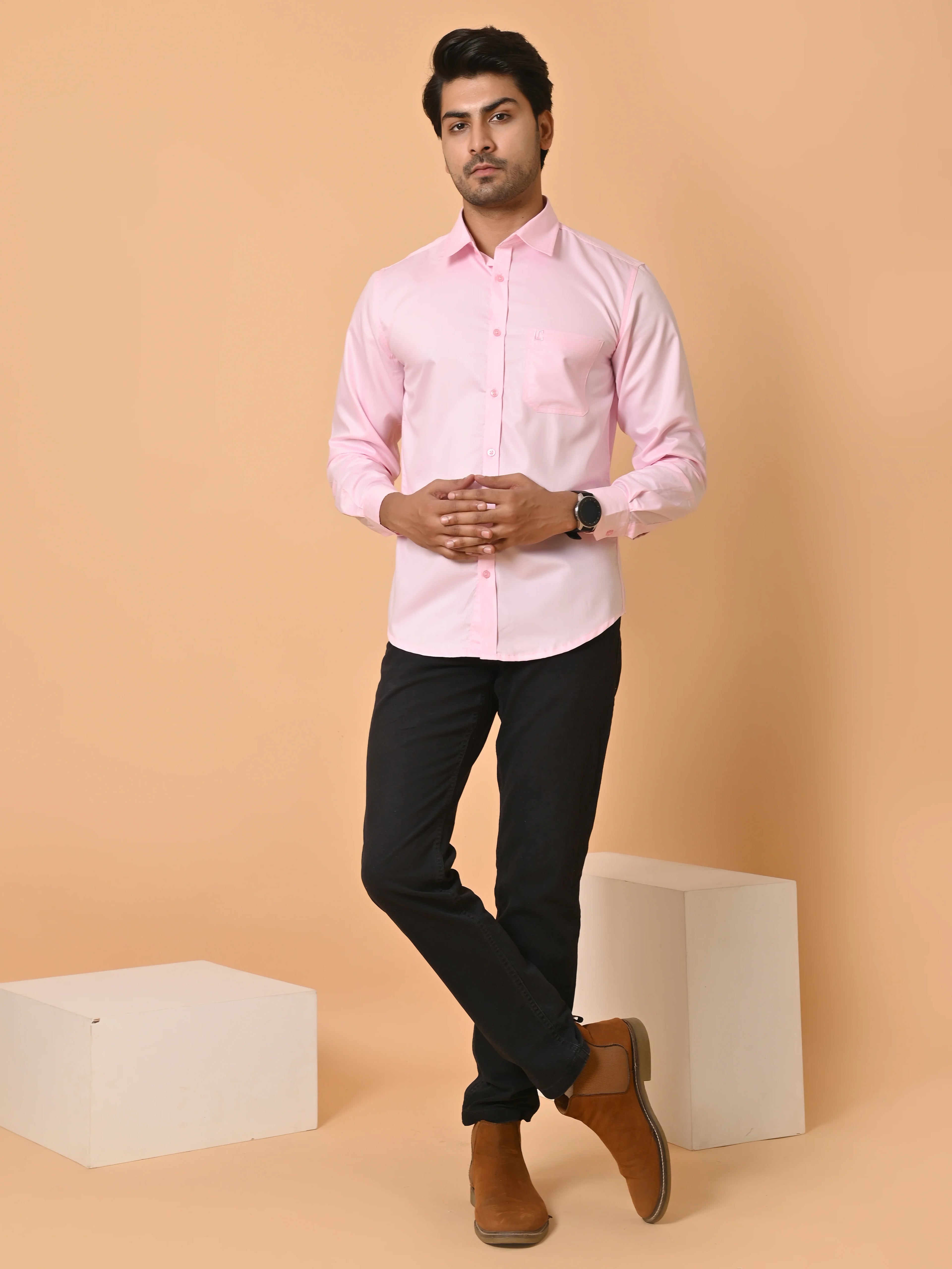 Men's Full Sleeves Plain Light Pink Giza Cotton Shirt