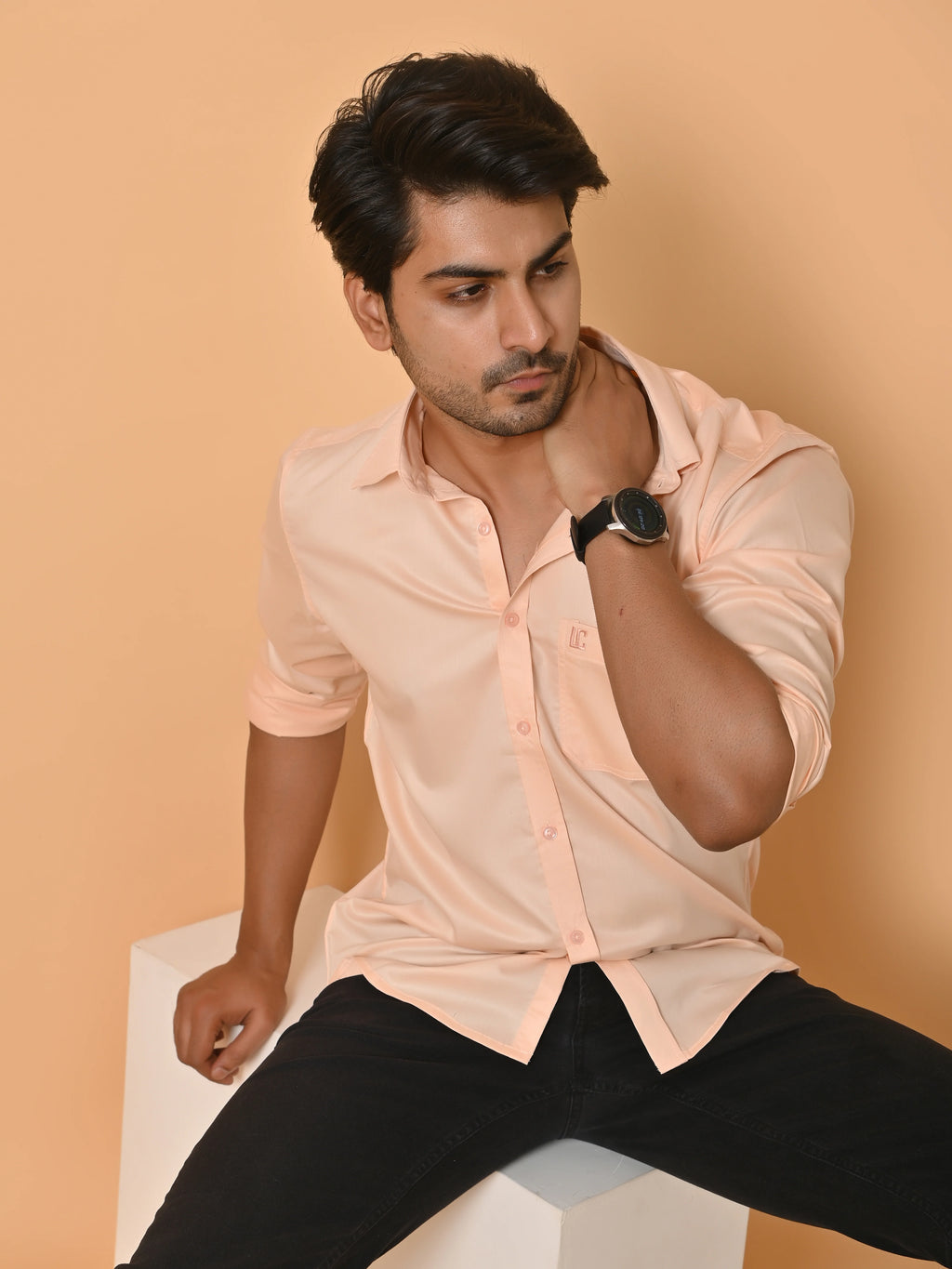 Men's Full Sleeves Plain Peach Giza Cotton Shirt
