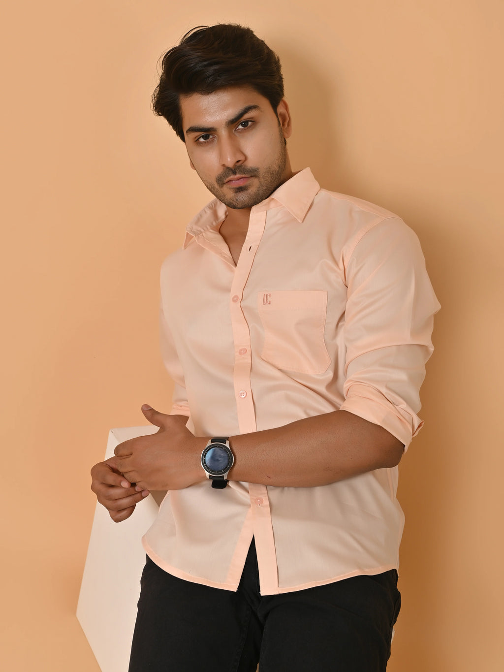 Men's Full Sleeves Plain Peach Giza Cotton Shirt