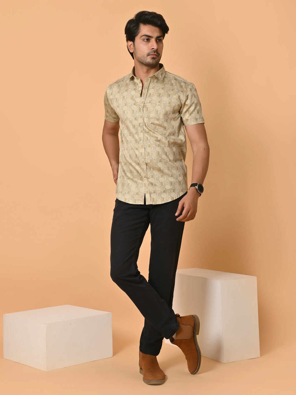 Men's Premium Half Sleeves Monochrome Hexagons Printed Satin Shirt