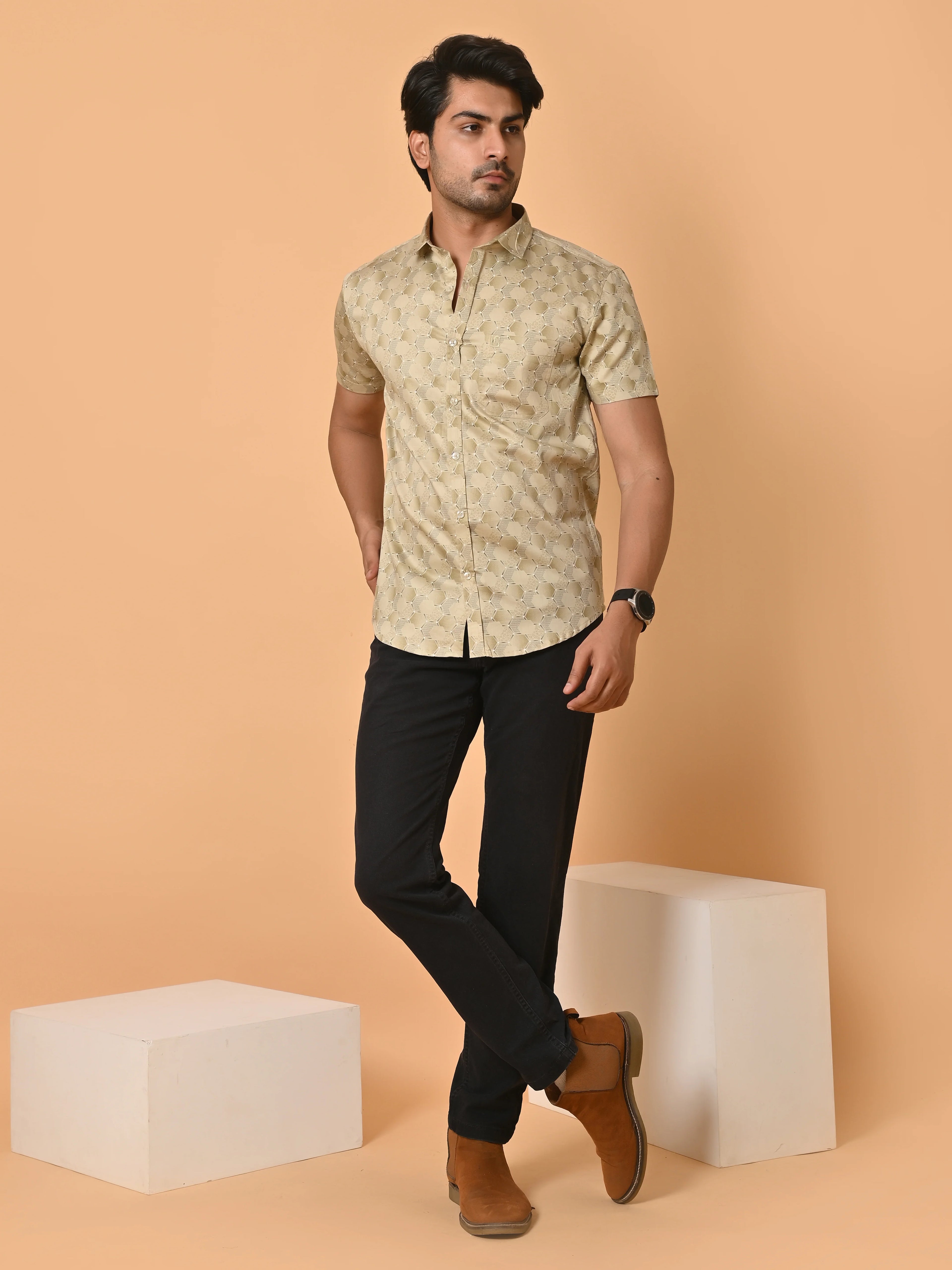 Men's Premium Half Sleeves Monochrome Hexagons Printed Satin Shirt