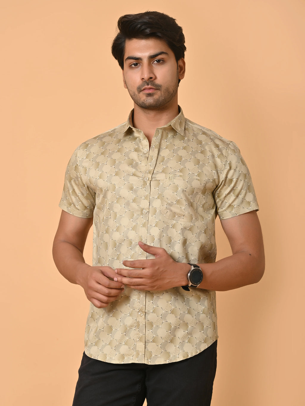 Men's Premium Half Sleeves Monochrome Hexagons Printed Satin Shirt