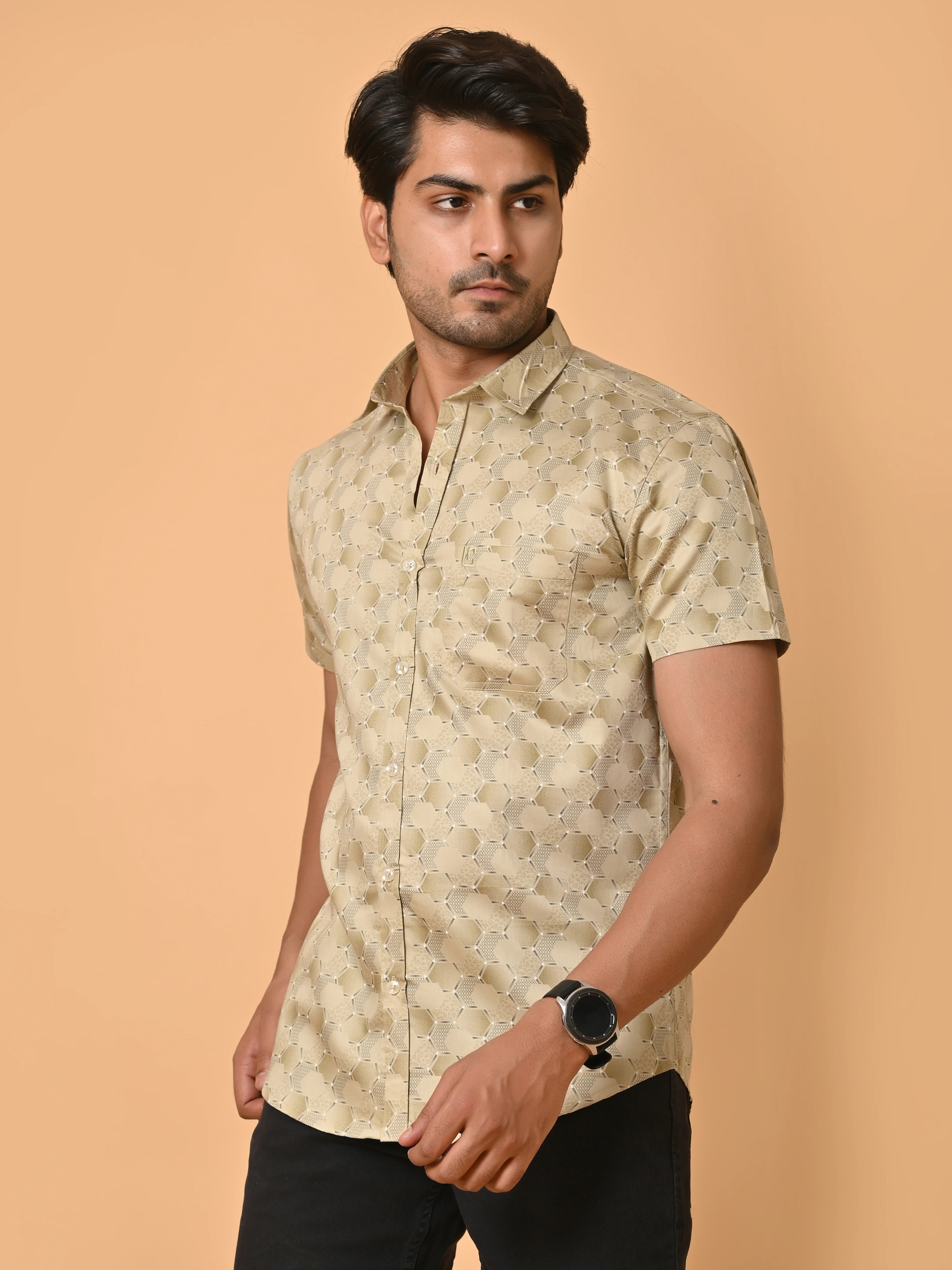 Men's Premium Half Sleeves Monochrome Hexagons Printed Satin Shirt