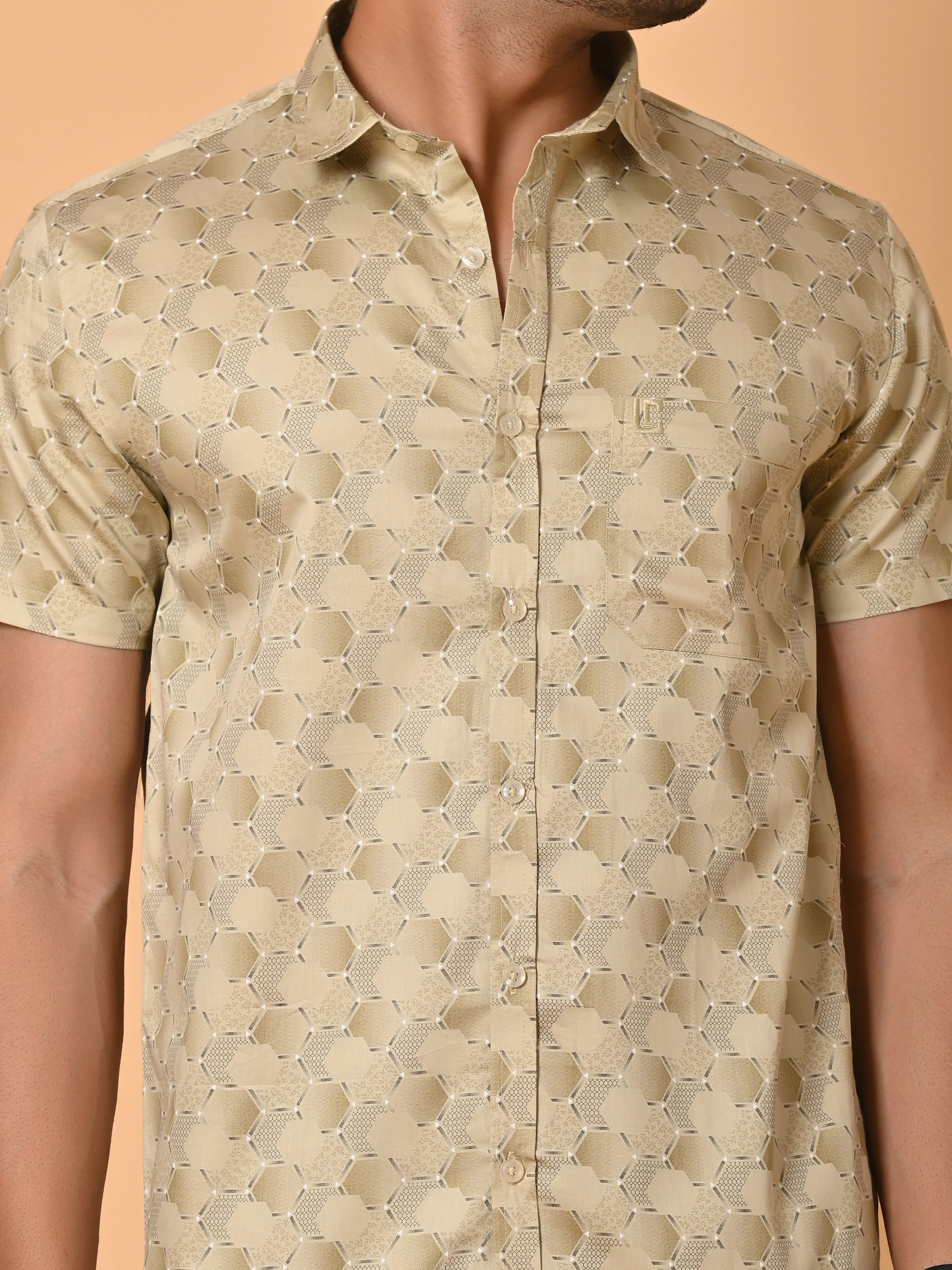 Men's Premium Half Sleeves Monochrome Hexagons Printed Satin Shirt