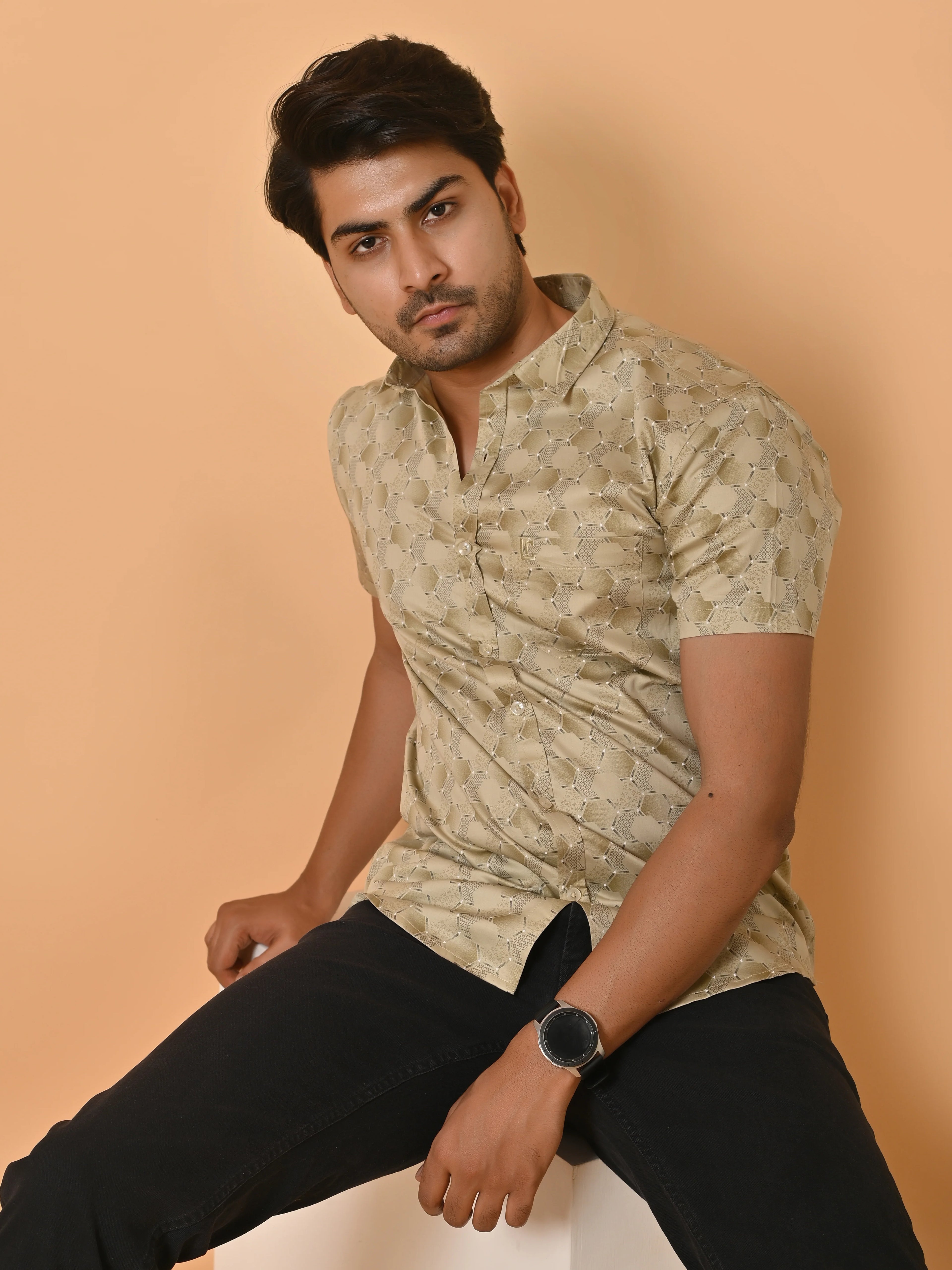 Men's Premium Half Sleeves Monochrome Hexagons Printed Satin Shirt