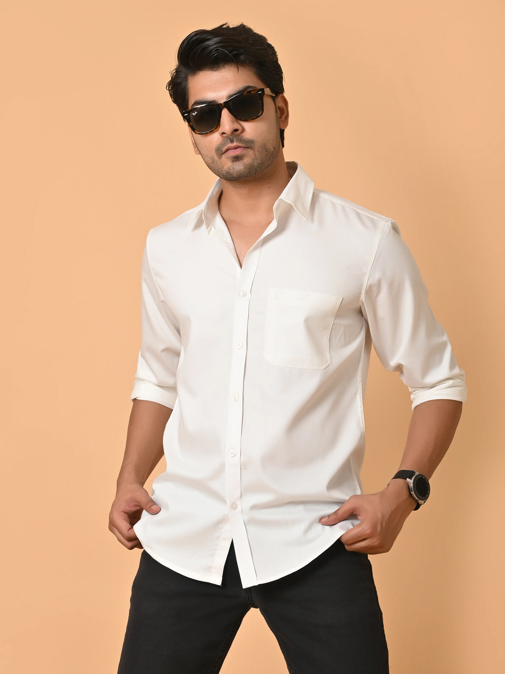 Men's Full Sleeves Plain White Giza Cotton Shirt