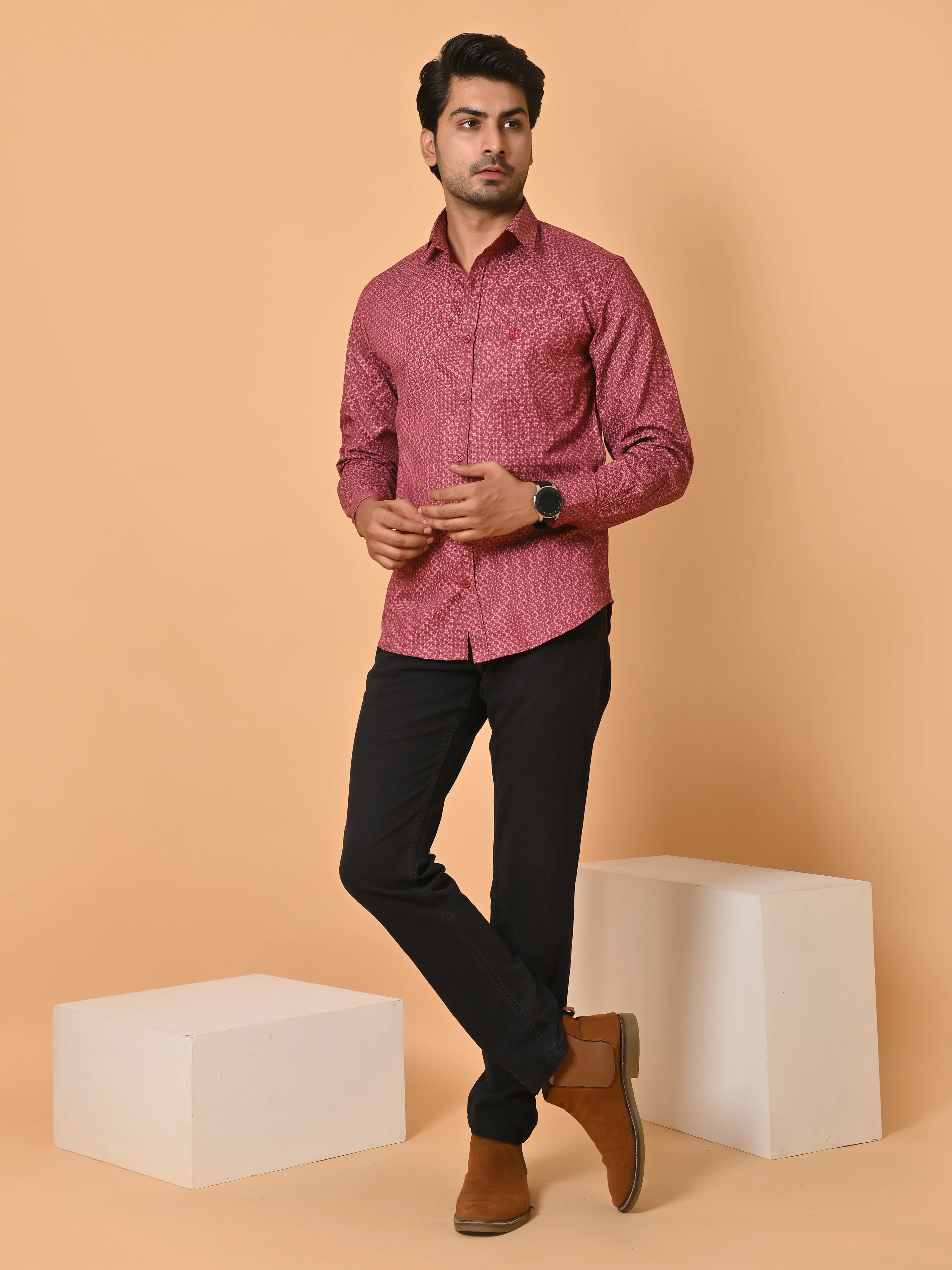 Men's Premium Satin Red Azure Knot Full Sleeves Printed Shirt