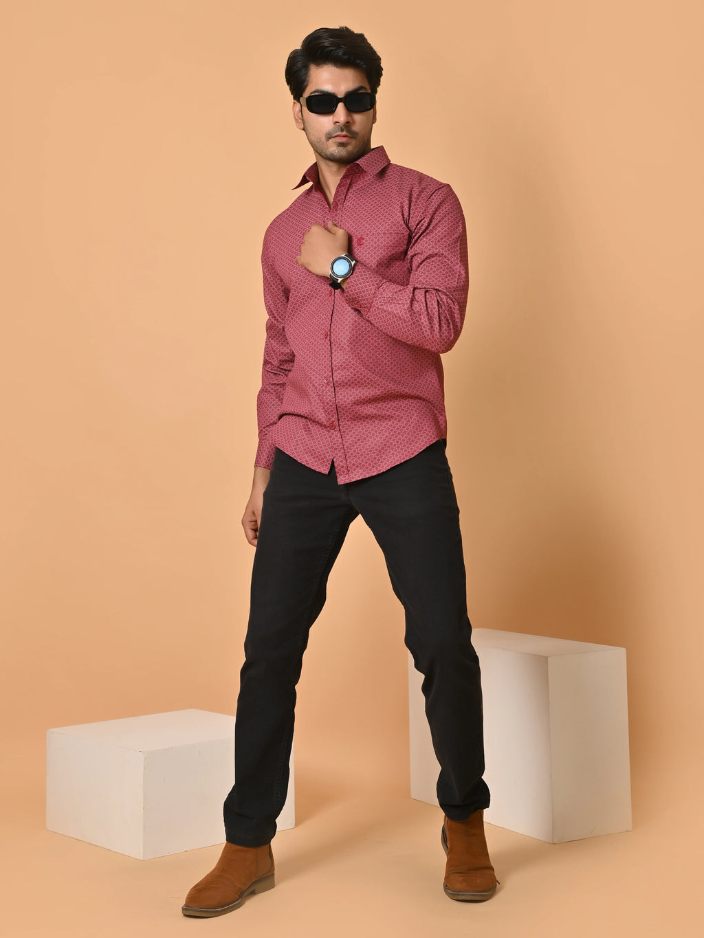 Men's Premium Satin Red Azure Knot Full Sleeves Printed Shirt