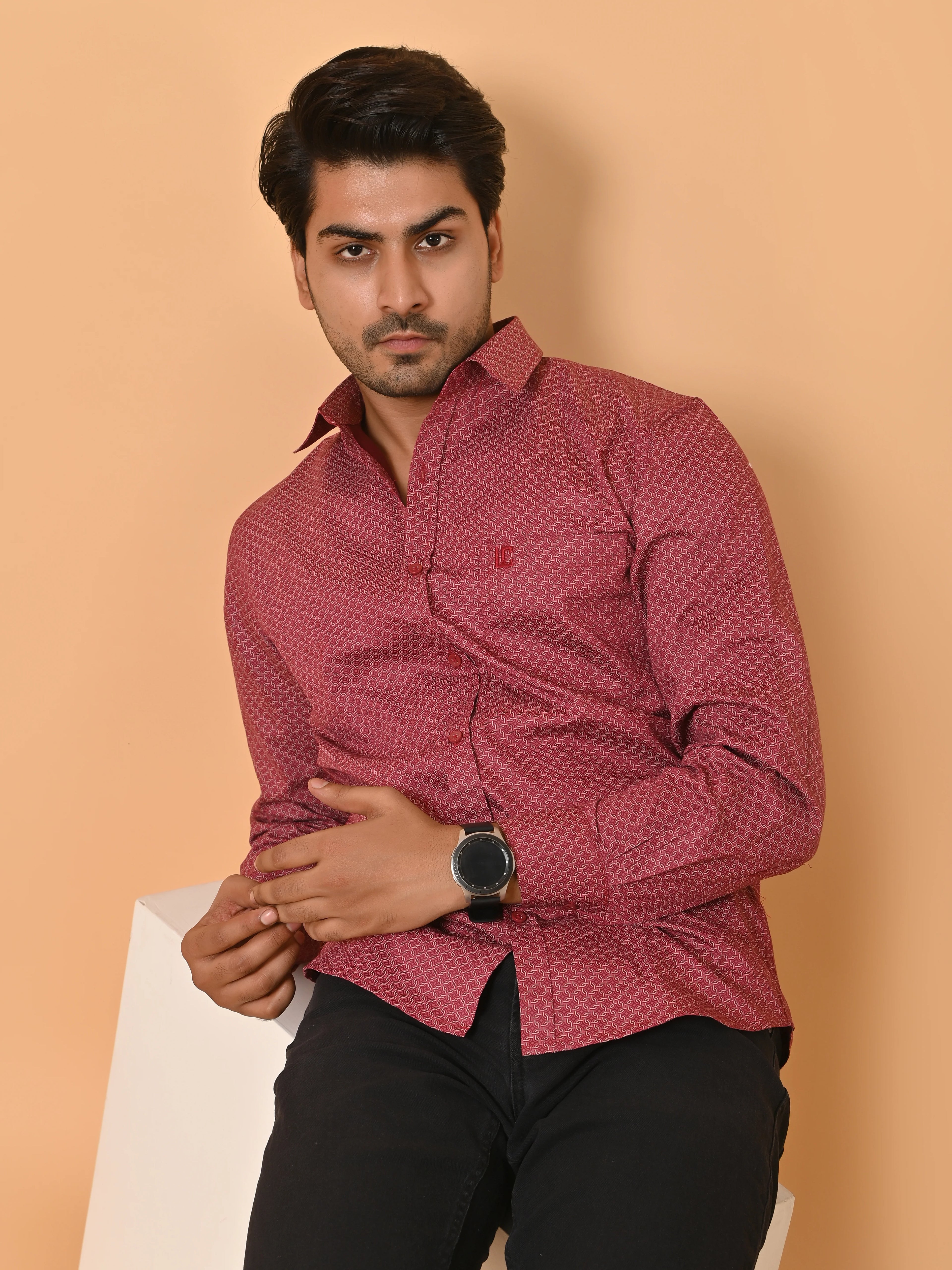 Men's Premium Satin Red Azure Knot Full Sleeves Printed Shirt