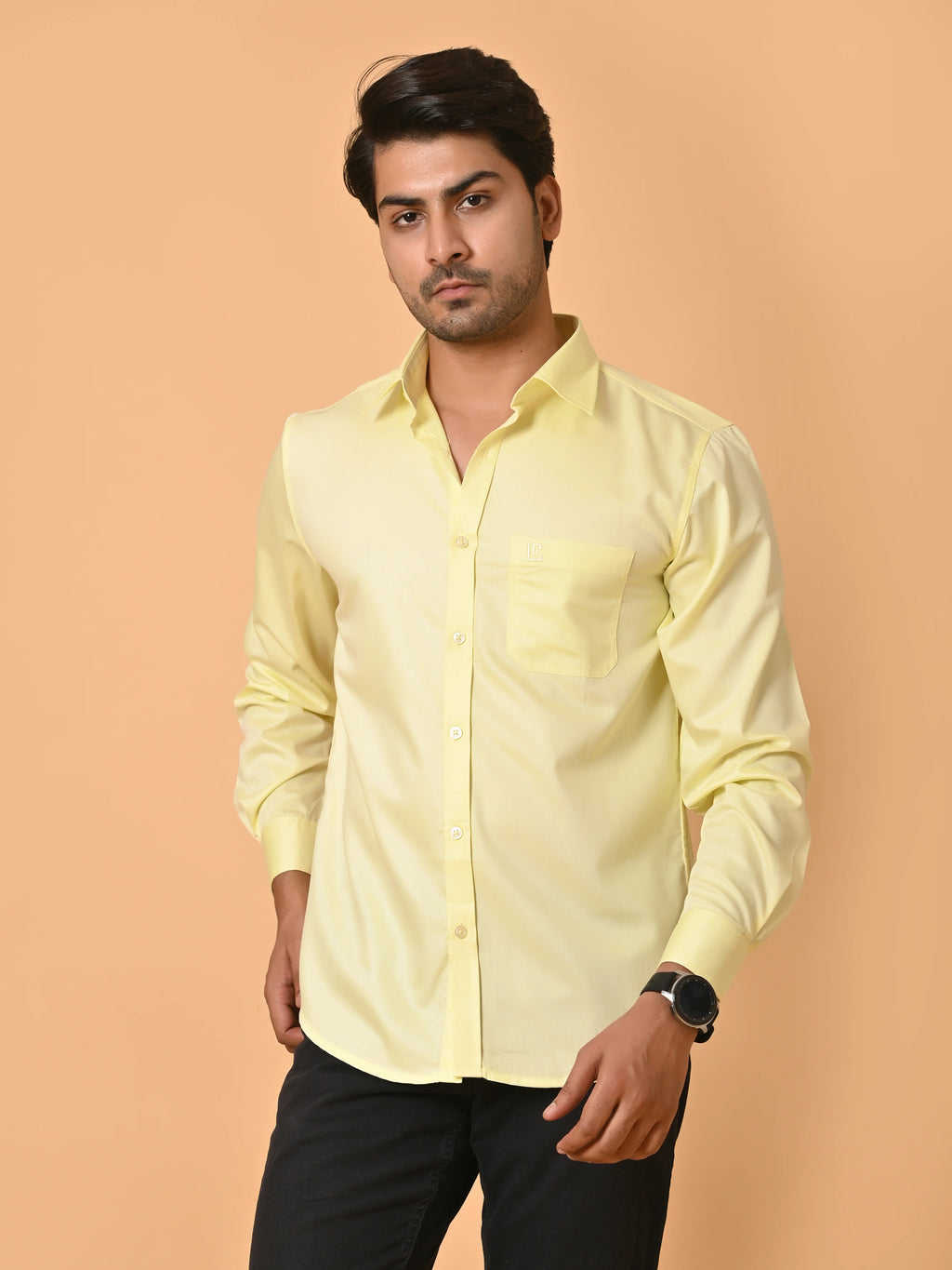 Men's Full Sleeves Plain Yellow Giza Cotton Shirt