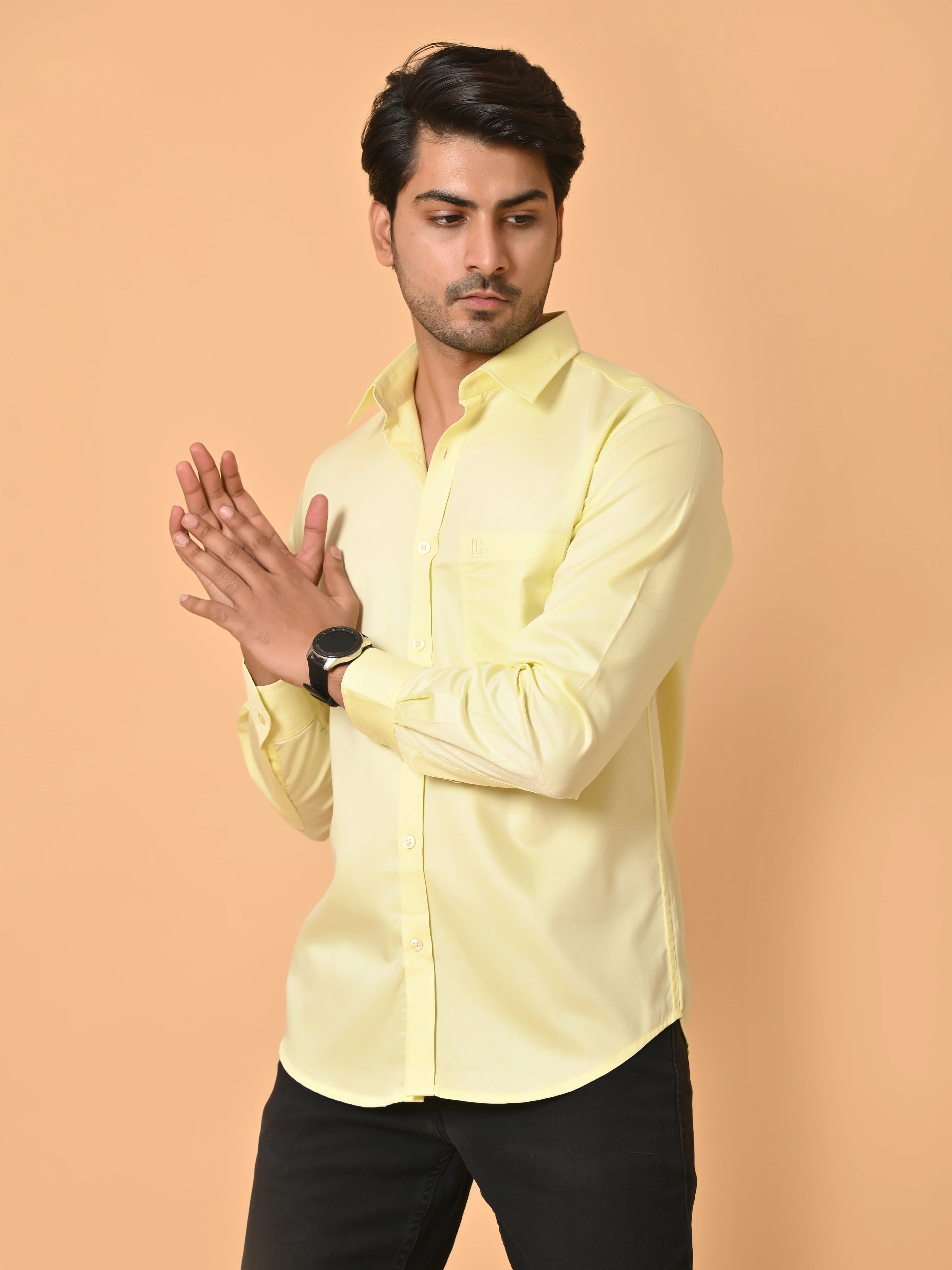 Men's Full Sleeves Plain Yellow Giza Cotton Shirt