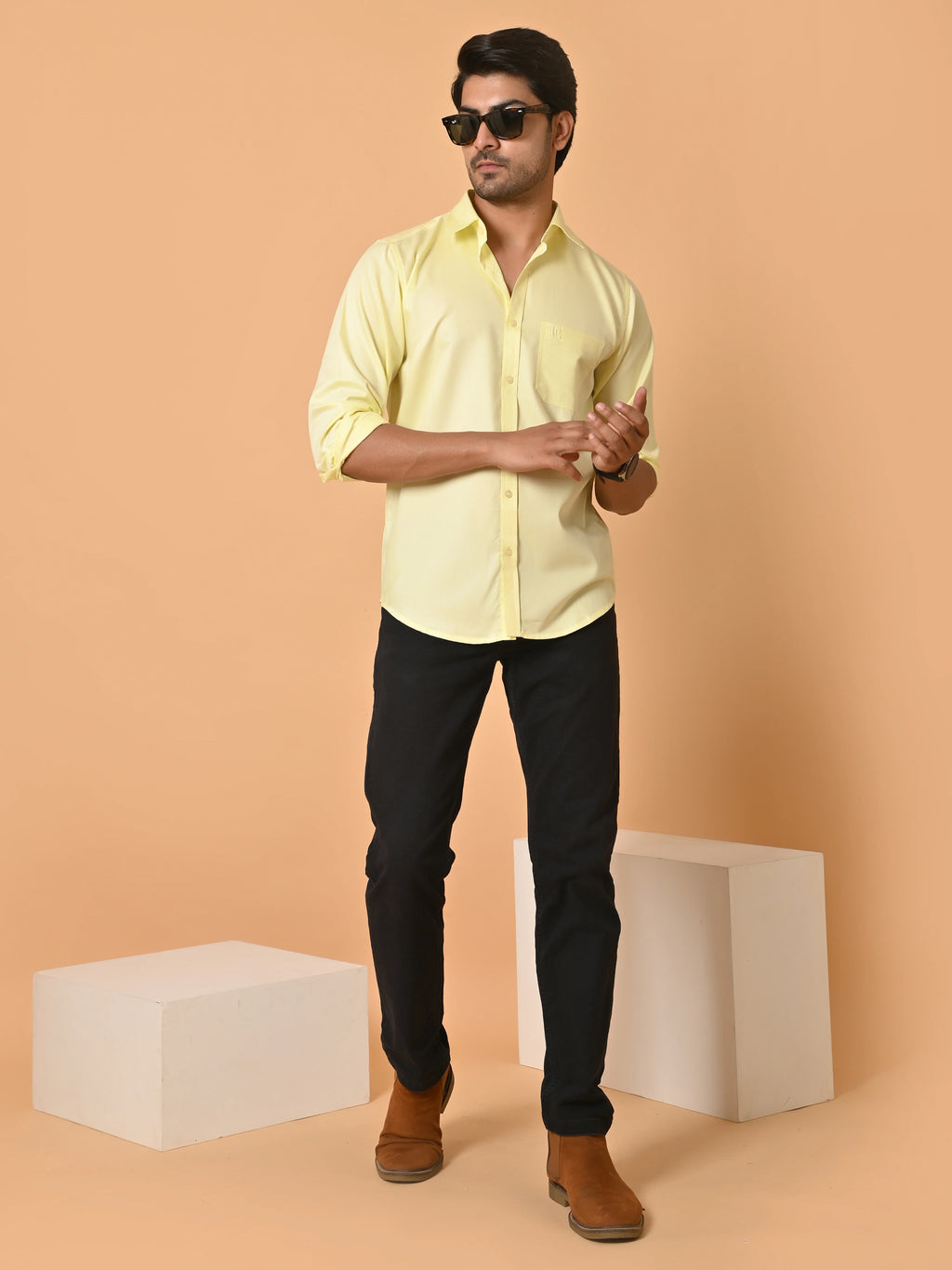 Men's Full Sleeves Plain Yellow Giza Cotton Shirt