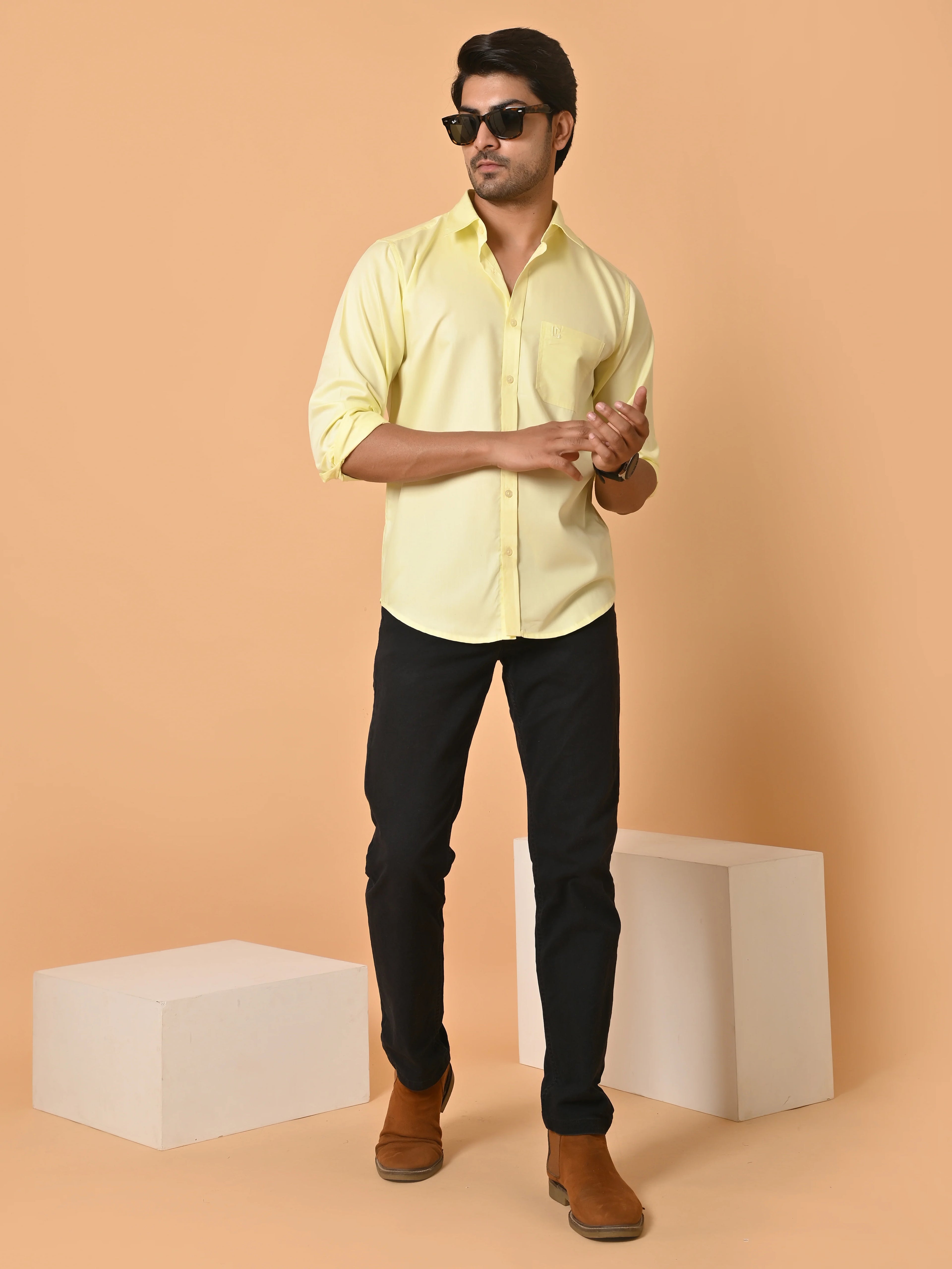 Men's Full Sleeves Plain Yellow Giza Cotton Shirt
