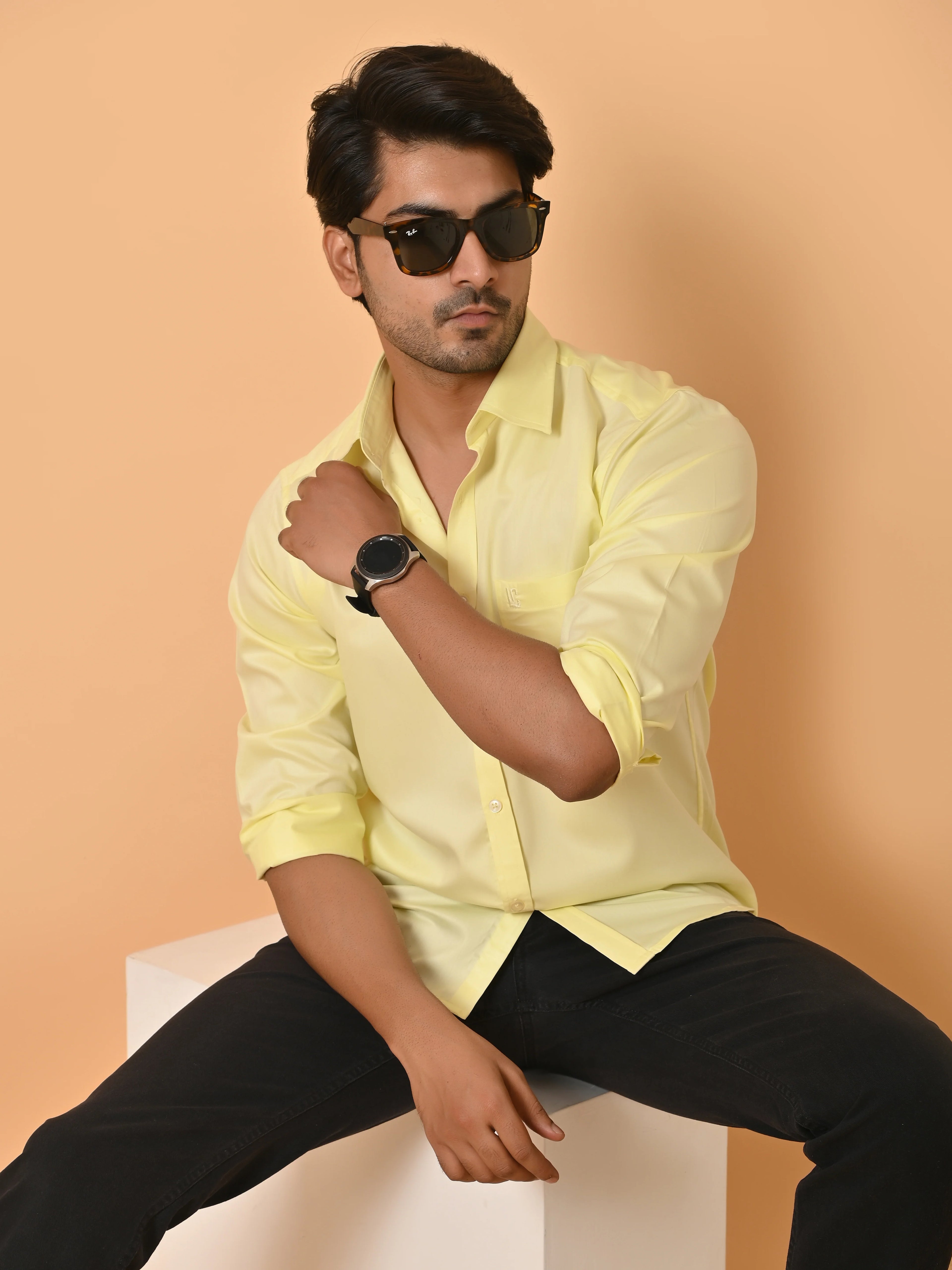 Men's Full Sleeves Plain Yellow Giza Cotton Shirt