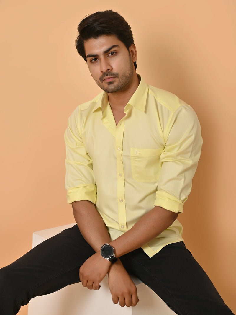 Men's Full Sleeves Plain Yellow Giza Cotton Shirt