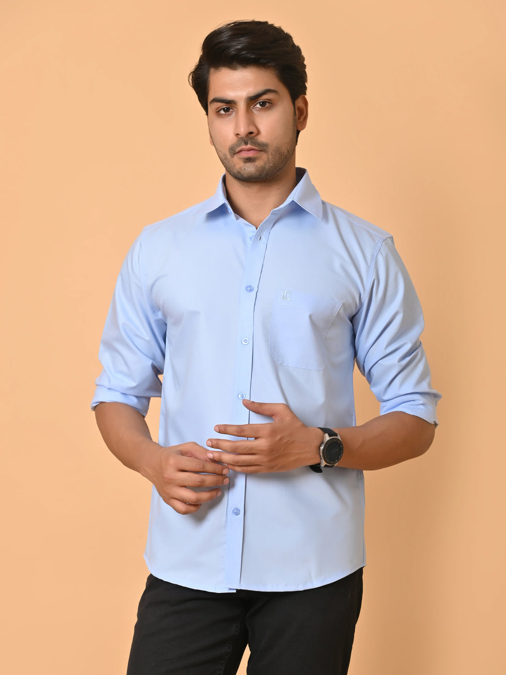 Men's Full Sleeves Plain Blue Giza Cotton Shirt