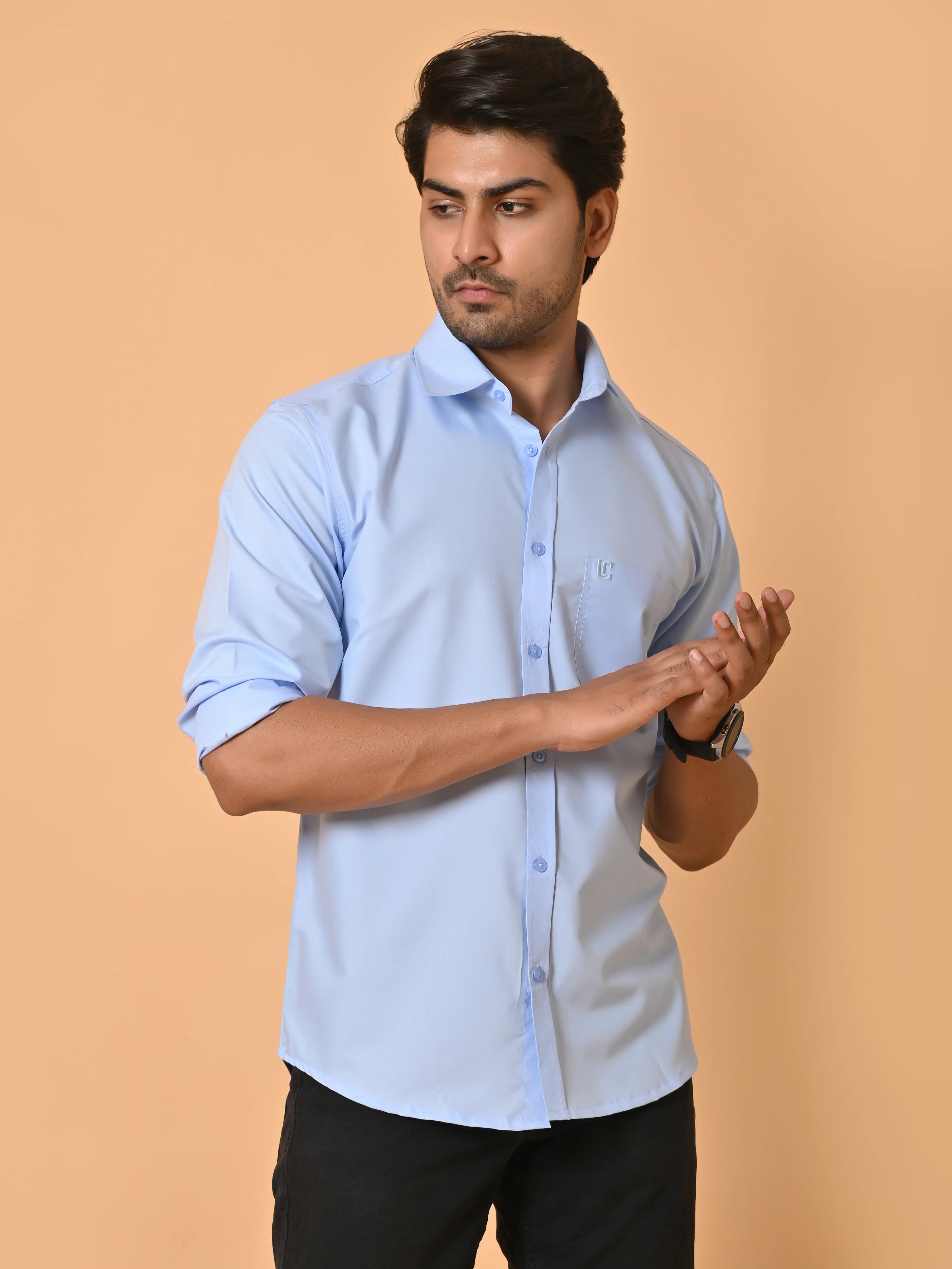 Men's Full Sleeves Plain Blue Giza Cotton Shirt