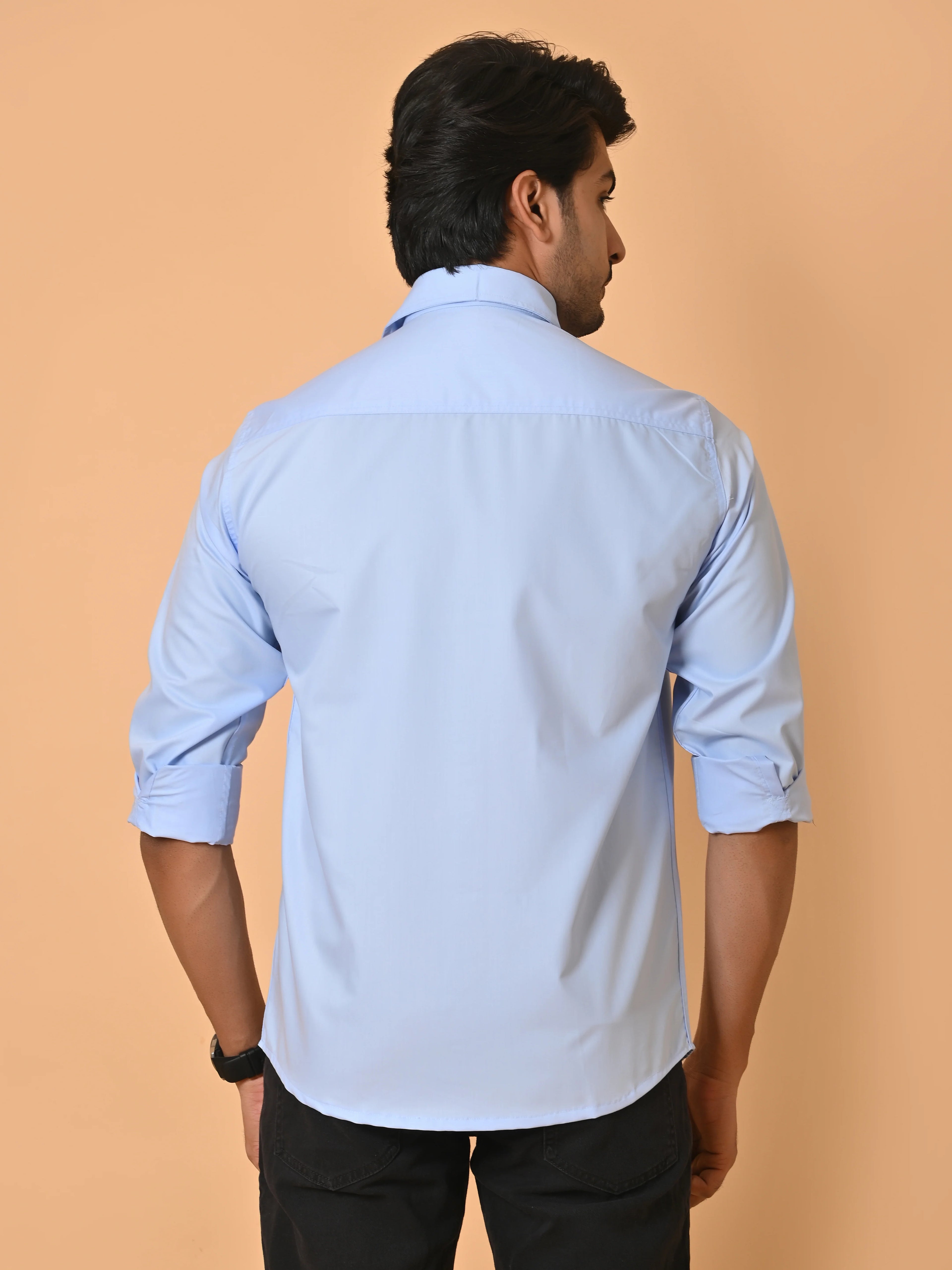 Men's Full Sleeves Plain Blue Giza Cotton Shirt