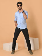 Men's Full Sleeves Plain Blue Giza Cotton Shirt