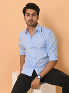 Men's Full Sleeves Plain Blue Giza Cotton Shirt