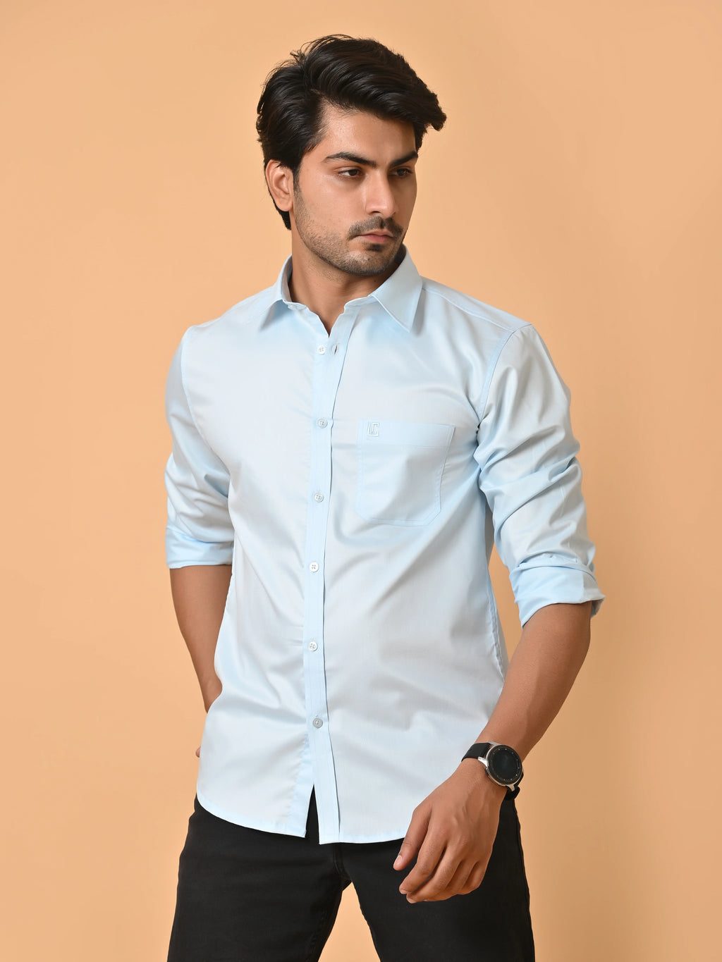 Men's Full Sleeves Plain Light Blue Giza Cotton Shirt