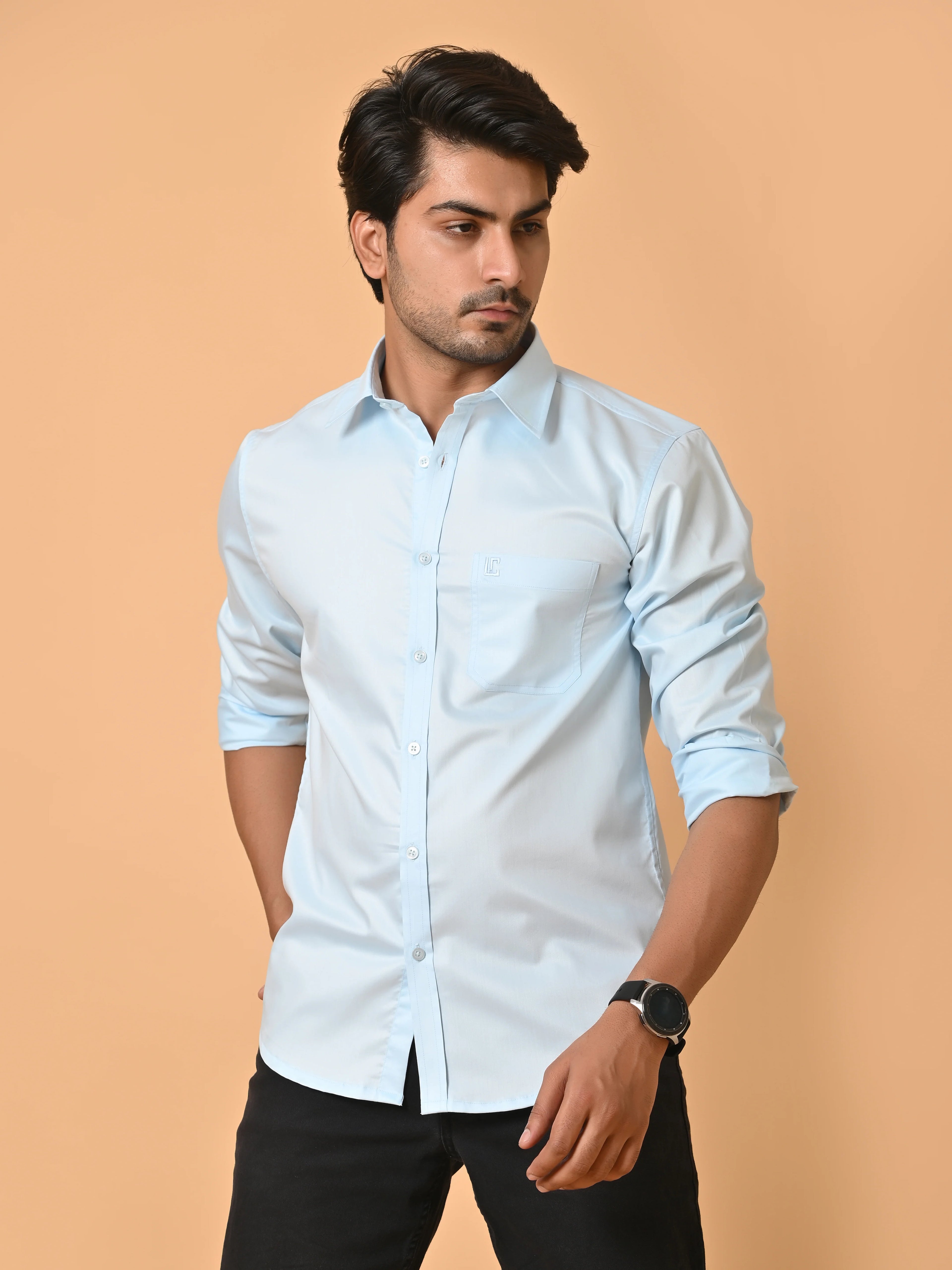 Men's Full Sleeves Plain Light Blue Giza Cotton Shirt
