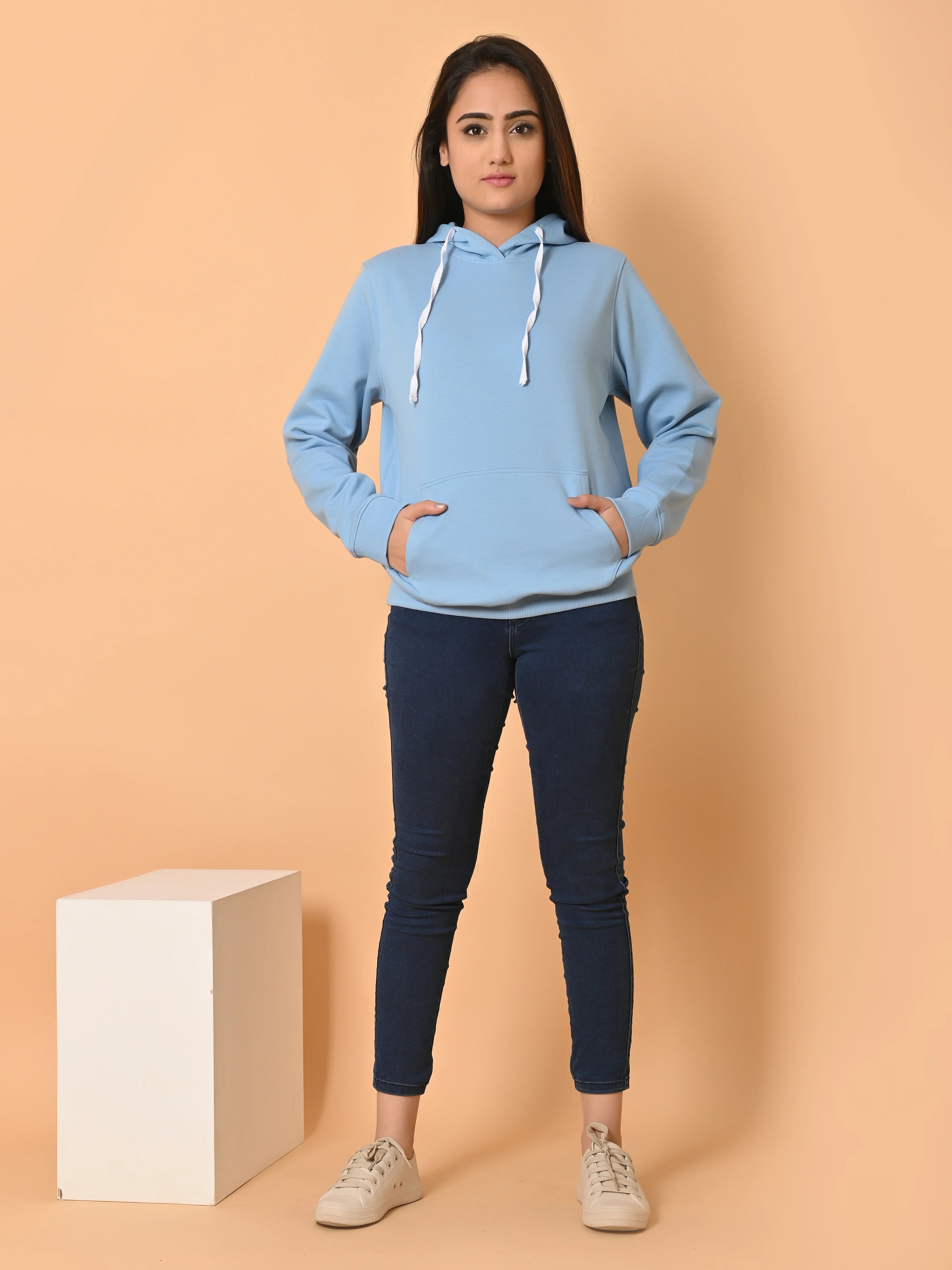 Women's Cyan Blue Cotton Fleece Hoodie
