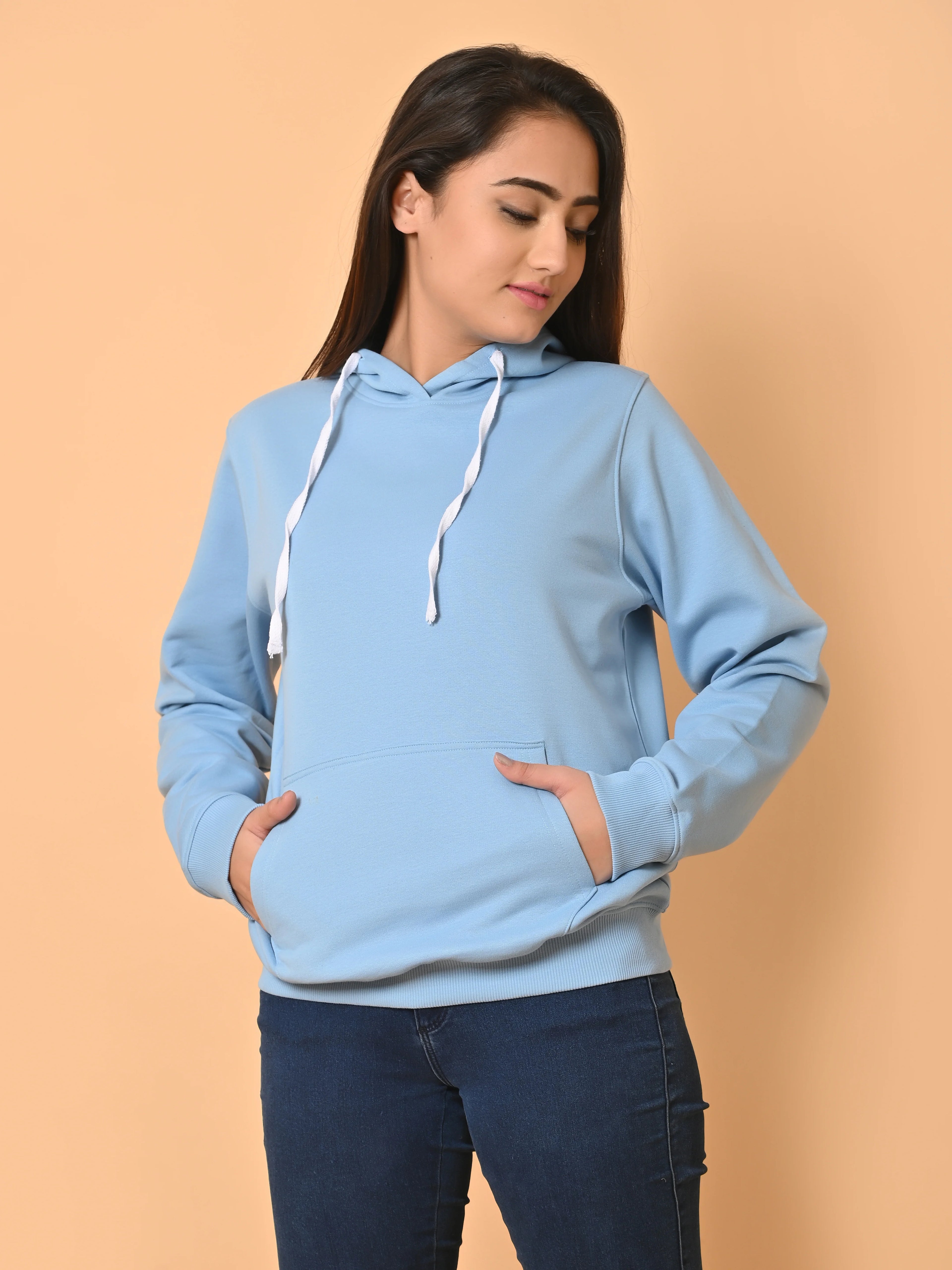 Women's Cyan Blue Cotton Fleece Hoodie