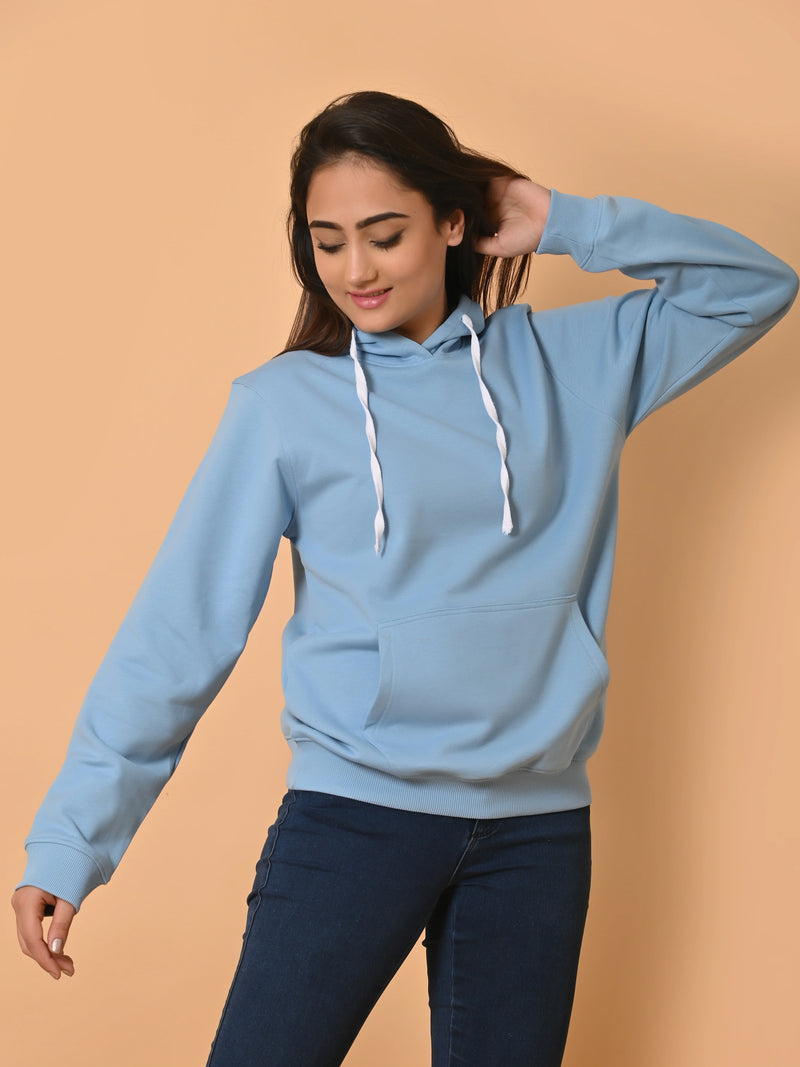 Women's Cyan Blue Cotton Fleece Hoodie