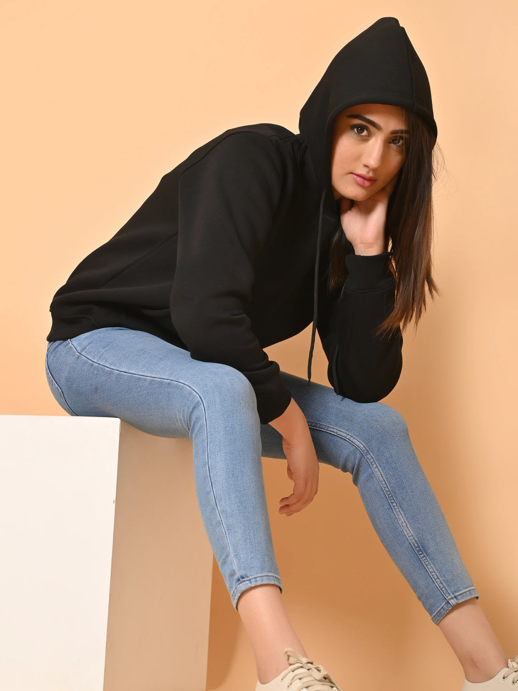 Women's Black Cotton Fleece Hoodie