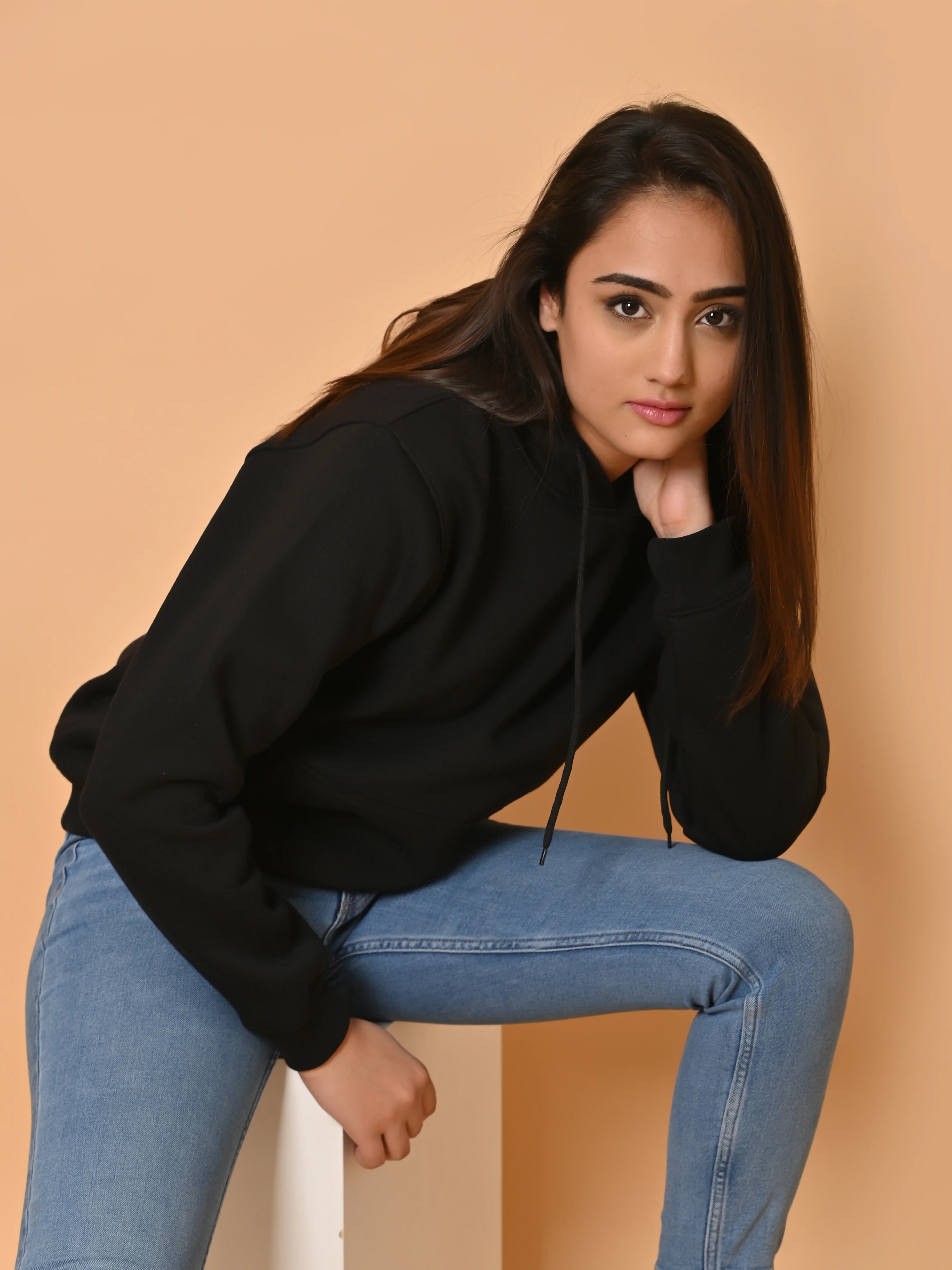 Women's Black Cotton Fleece Hoodie