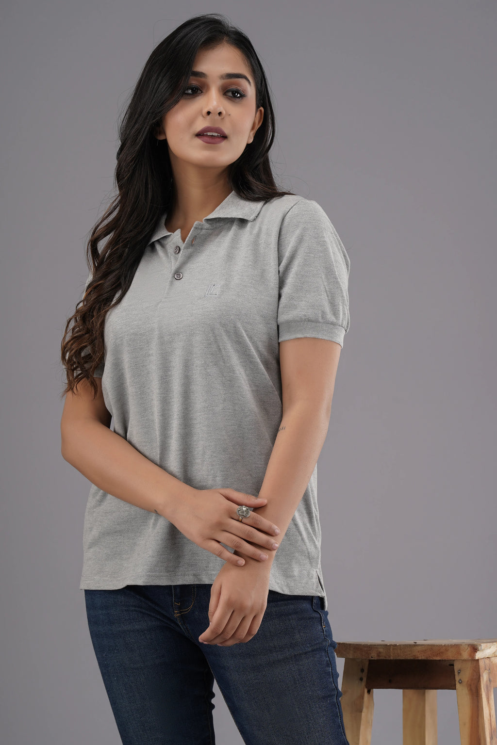 Women's Solid Grey Polo Neck T-shirt
