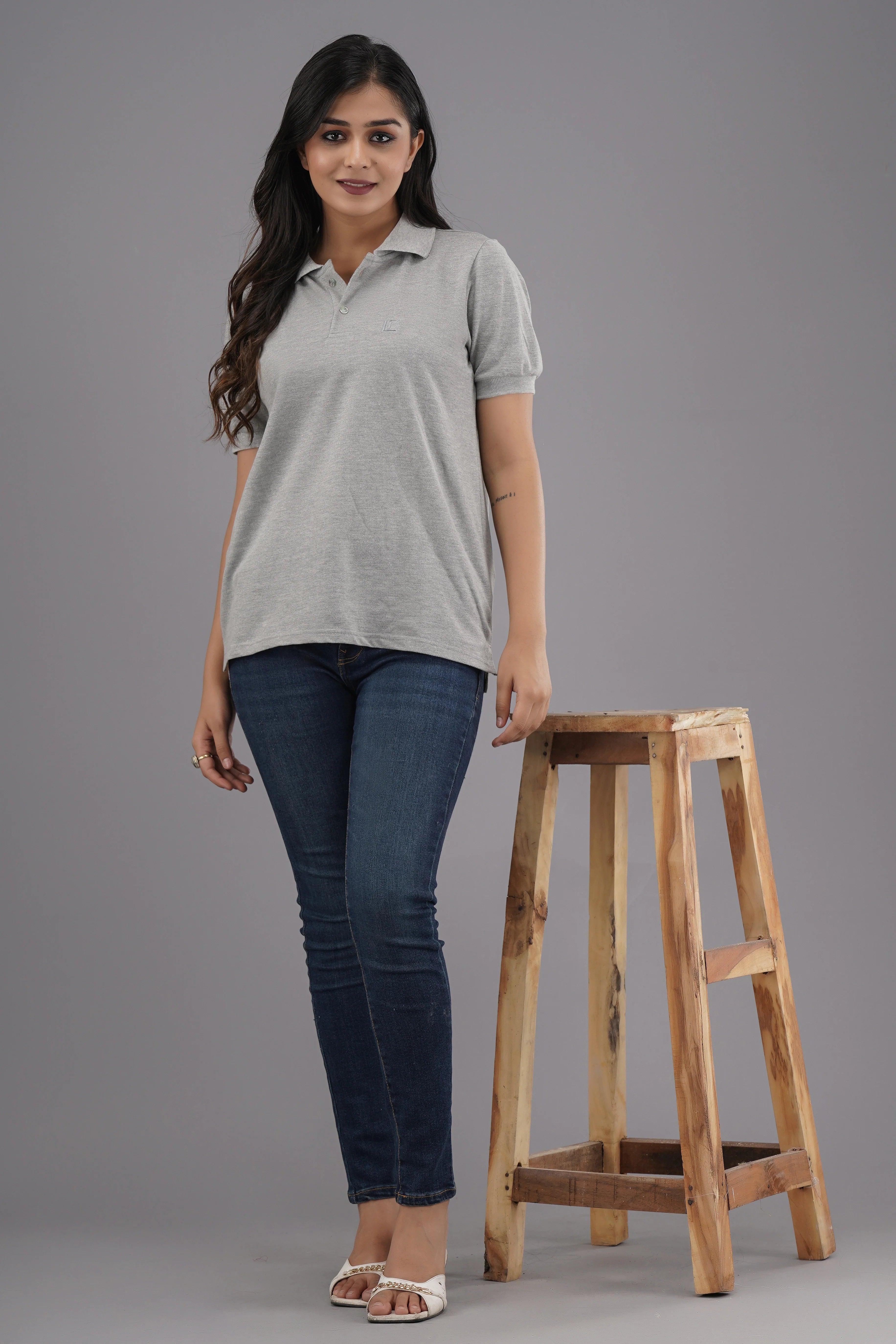 Women's Solid Grey Polo Neck T-shirt