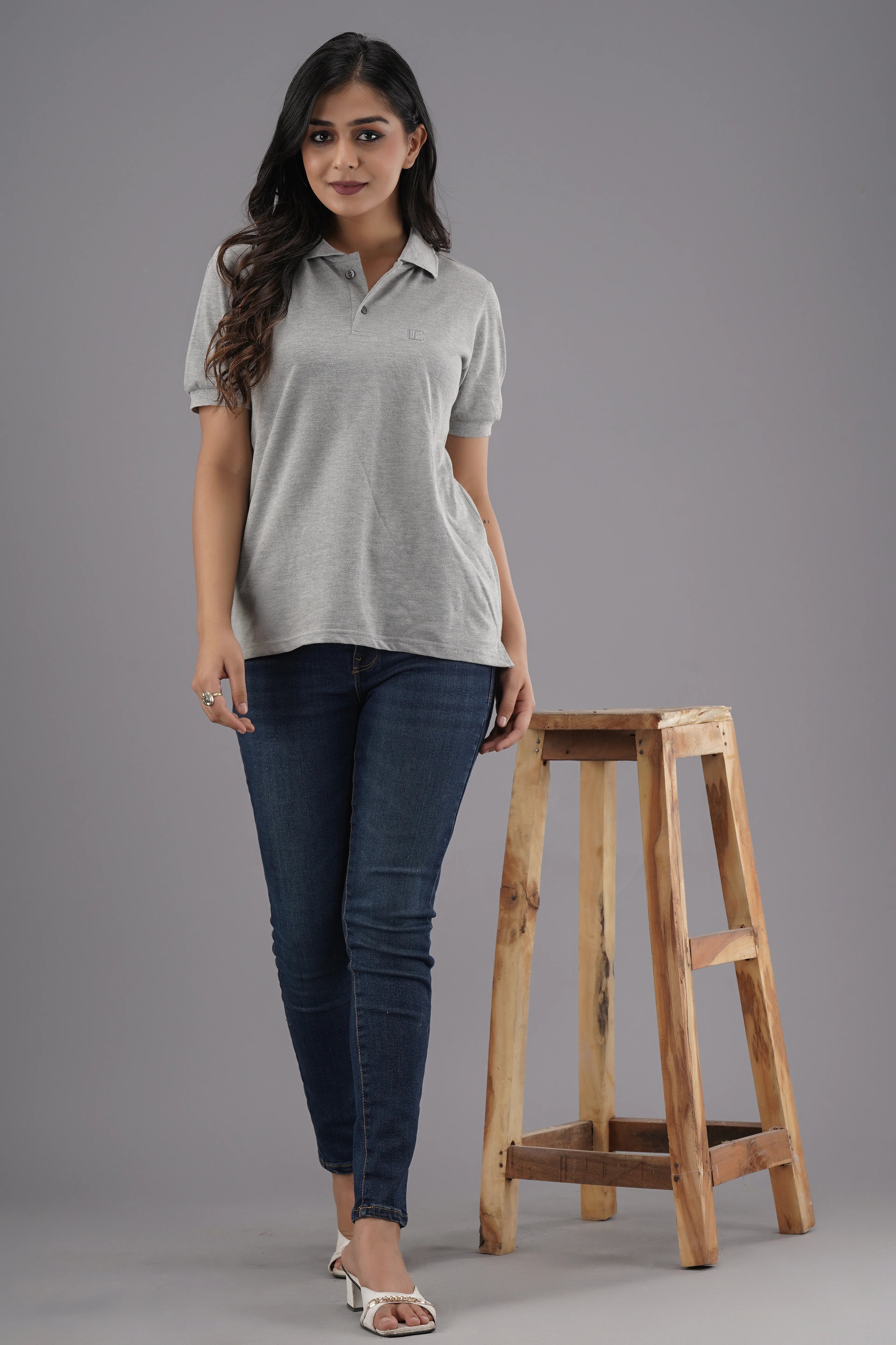 Women's Solid Grey Polo Neck T-shirt