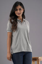 Women's Solid Grey Polo Neck T-shirt