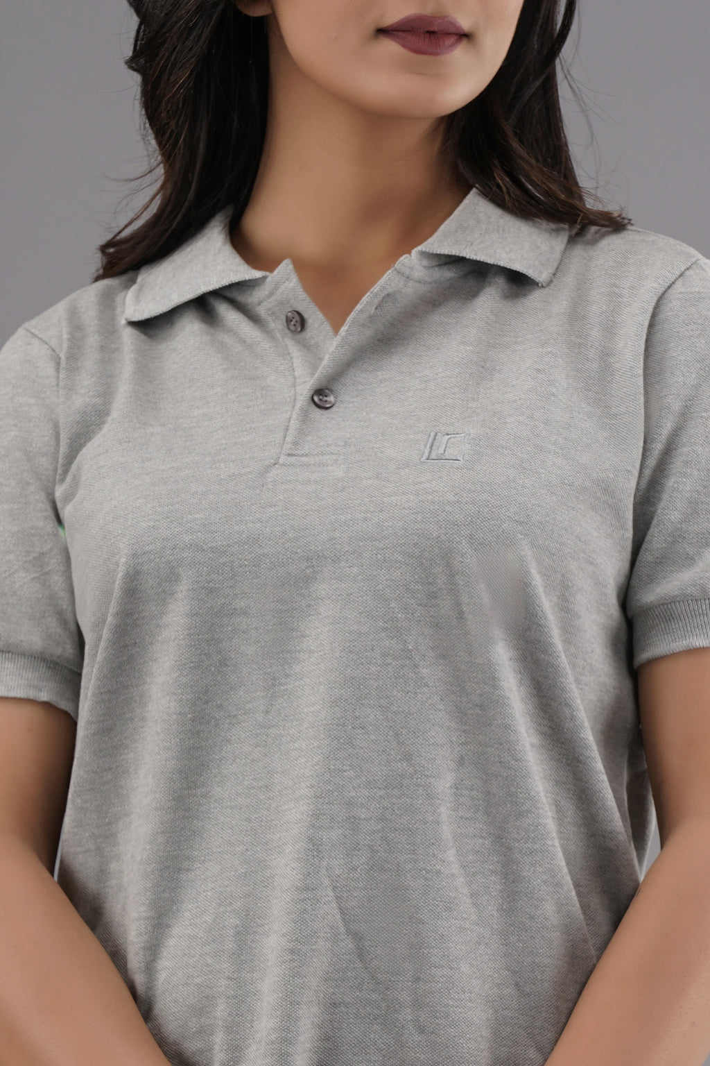 Women's Solid Grey Polo Neck T-shirt