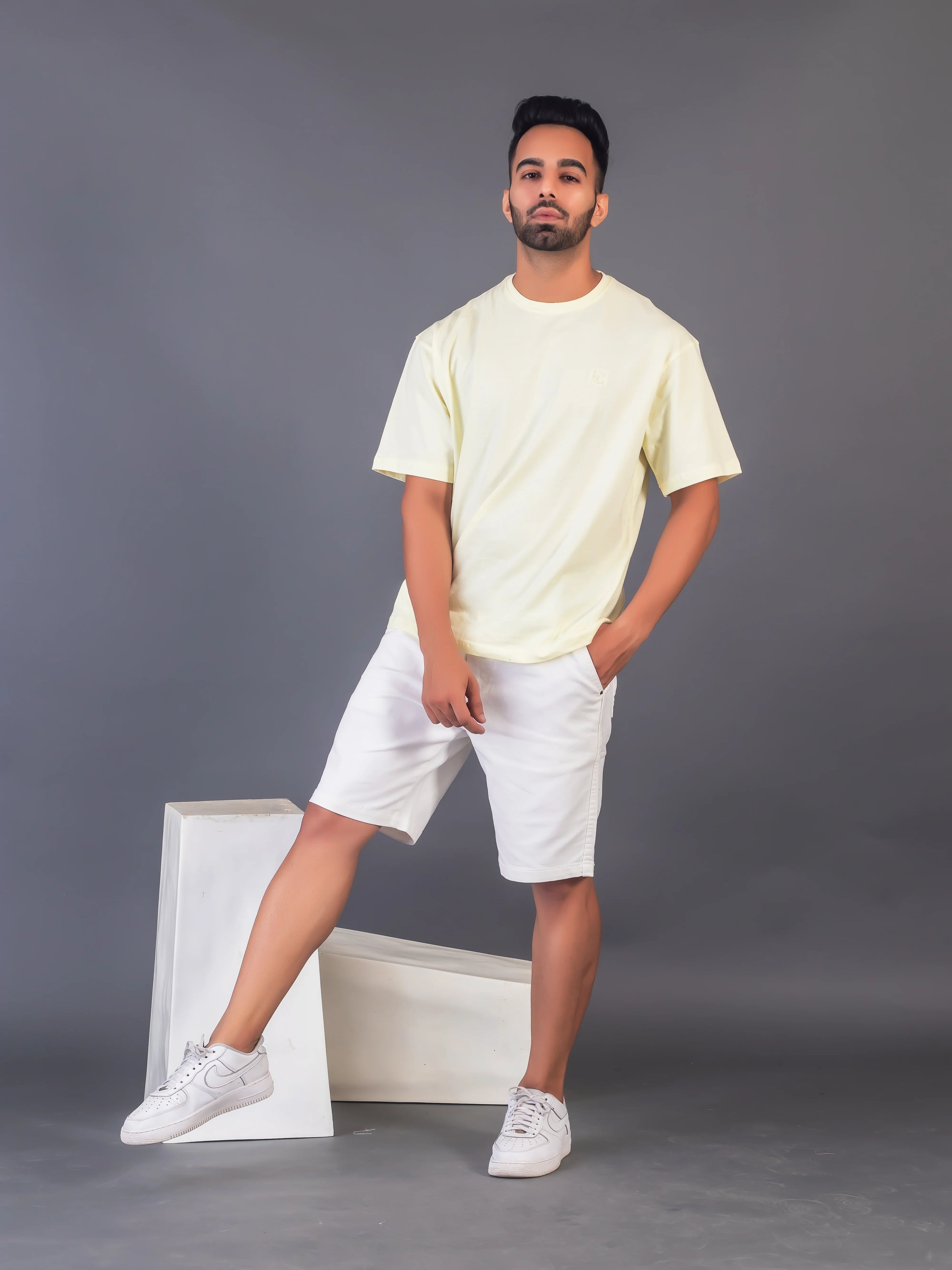 Men's Cotton Lycra Oversized Light Yellow T-shirt