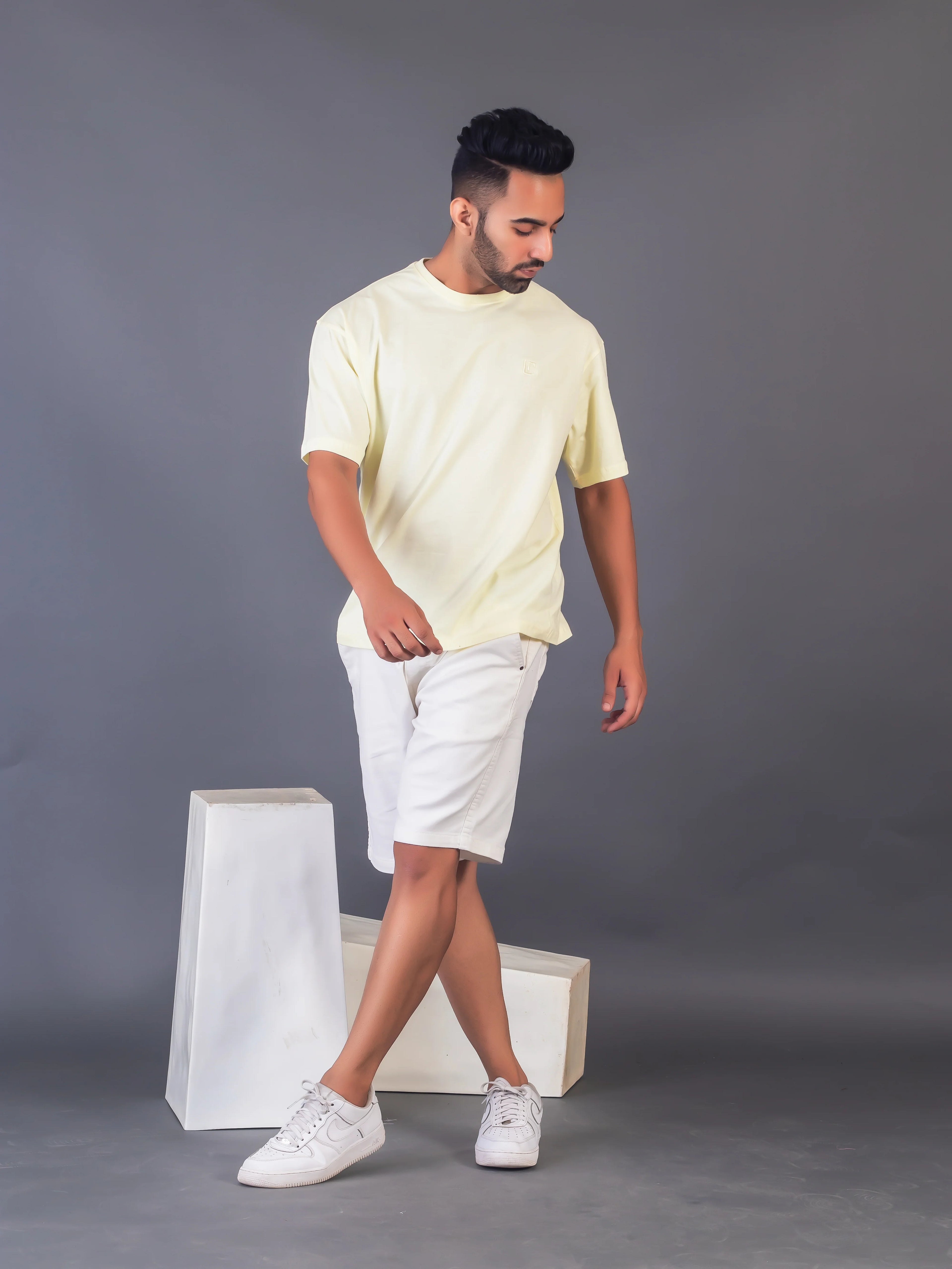 Men's Cotton Lycra Oversized Light Yellow T-shirt