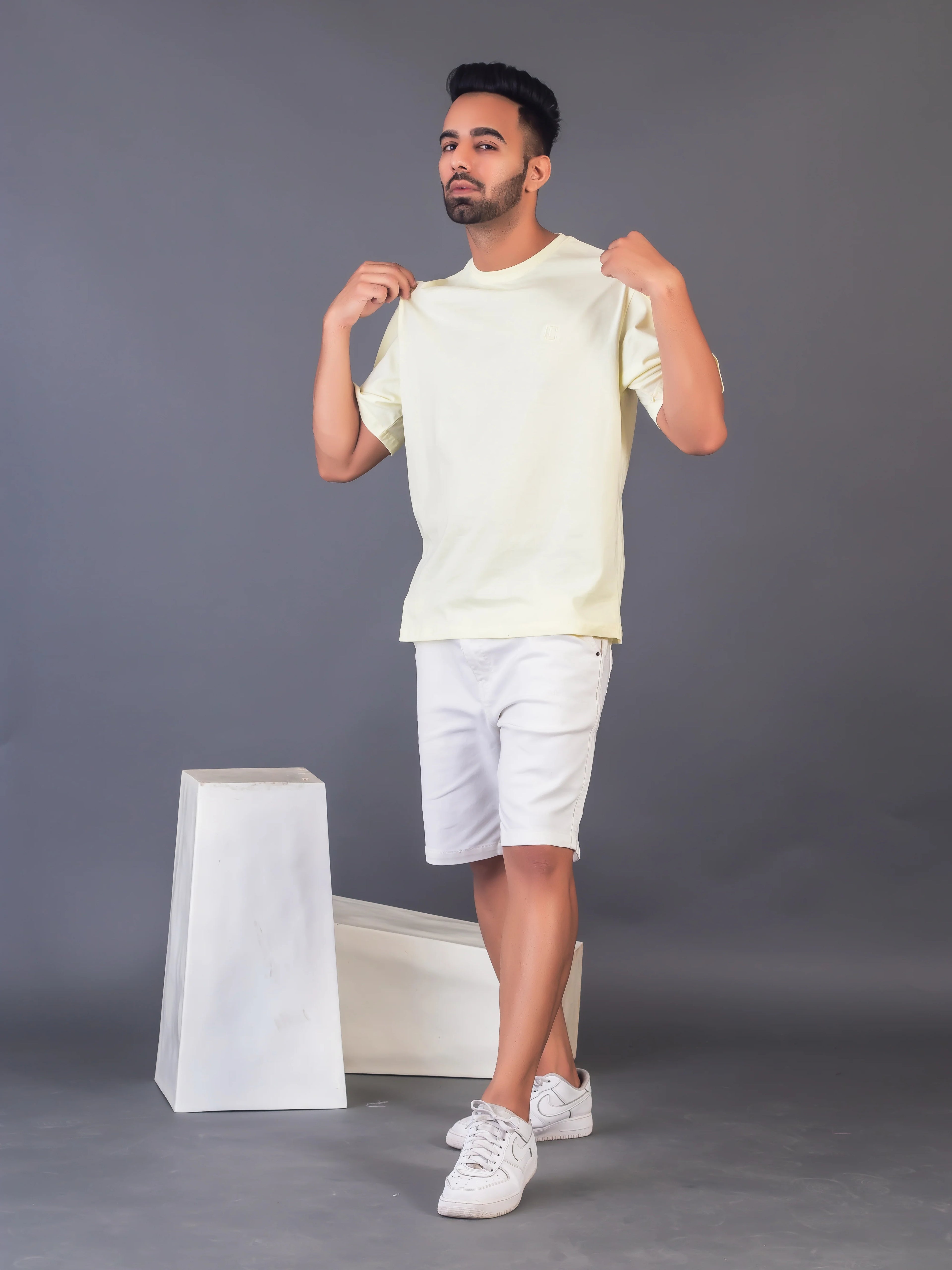 Men's Cotton Lycra Oversized Light Yellow T-shirt