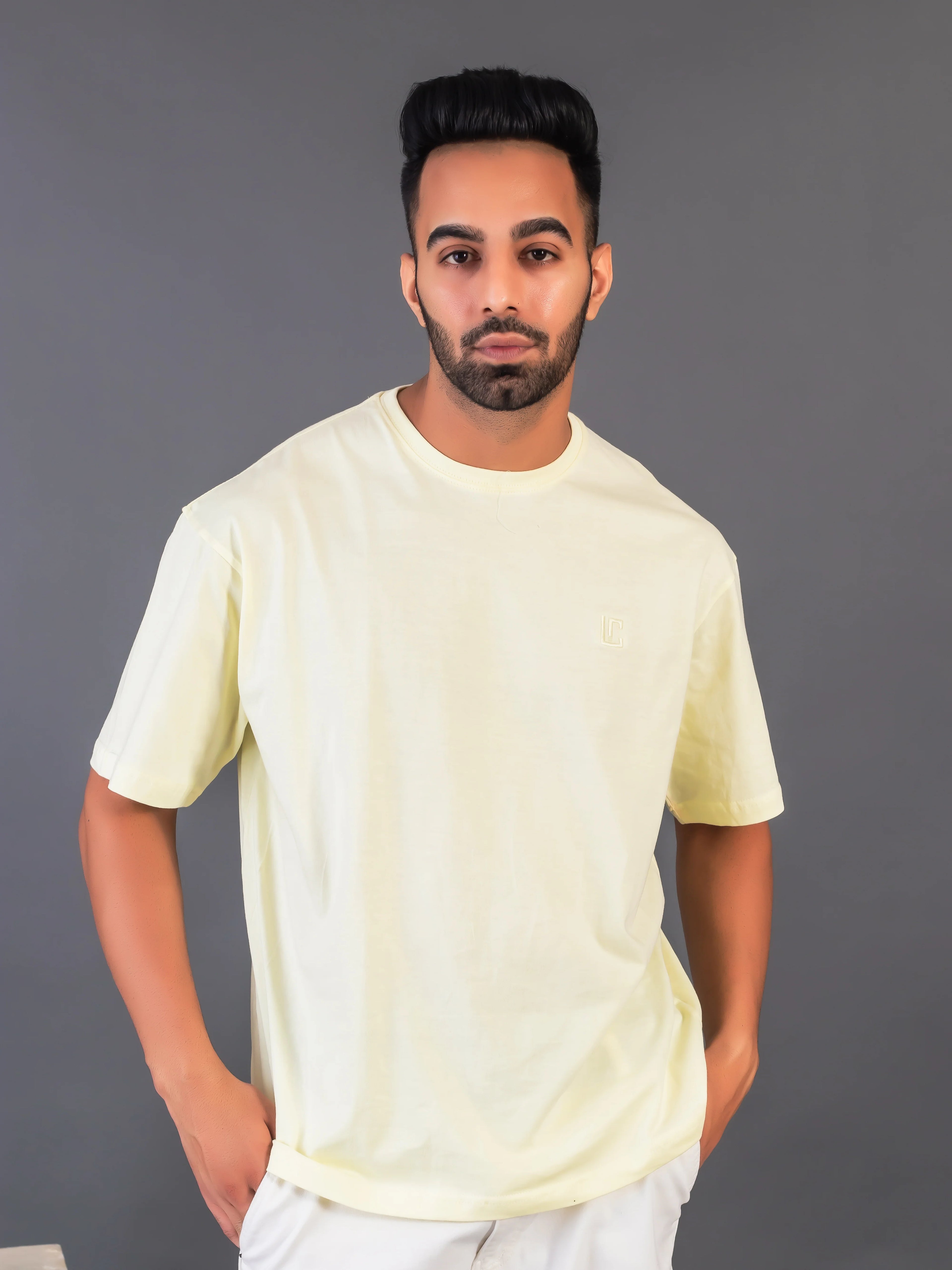 Men's Cotton Lycra Oversized Light Yellow T-shirt